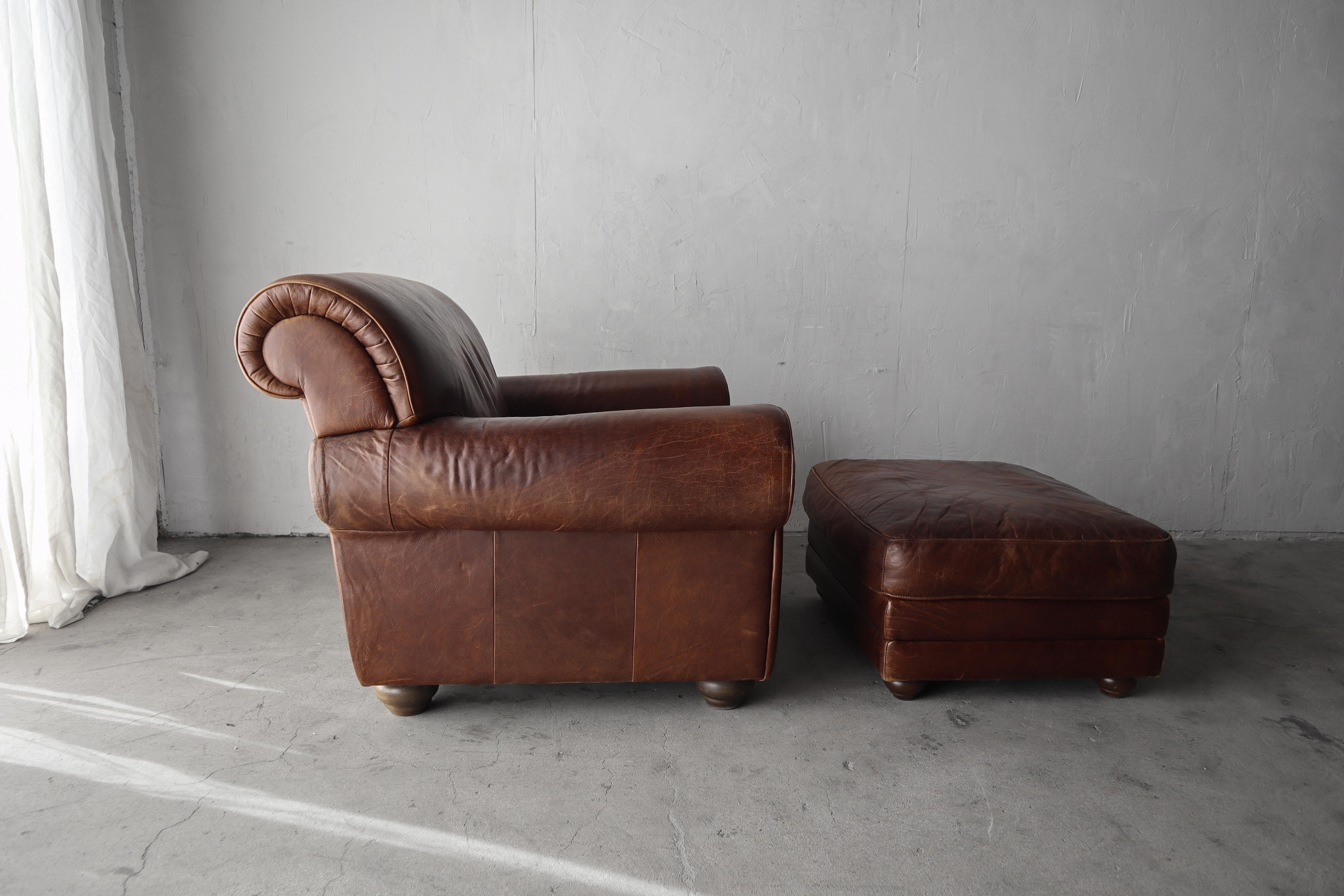 Italian Aged Leather Lounge Chair and Ottoman For Sale 1