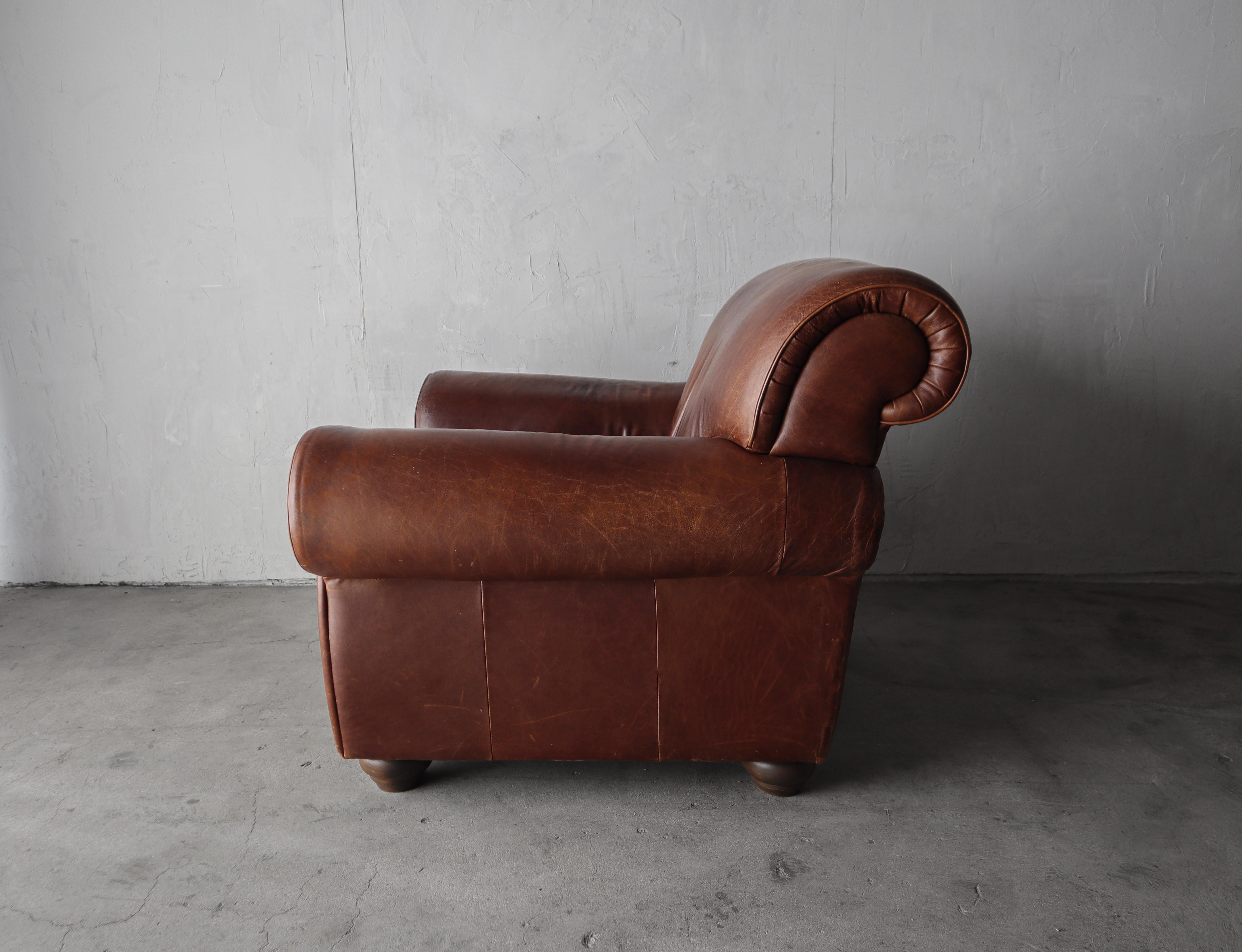 Italian Aged Leather Lounge Chair and Ottoman For Sale 2