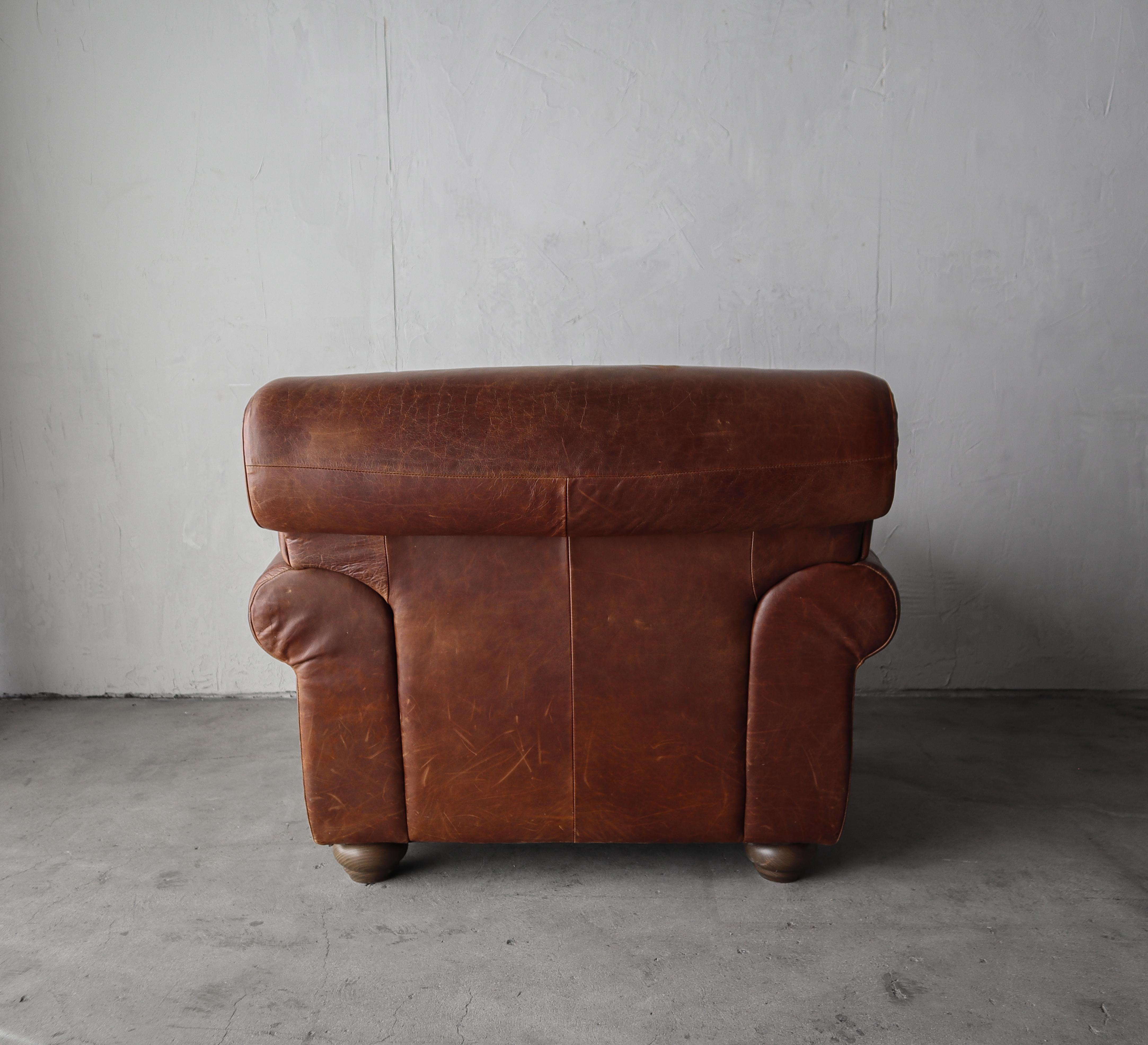 Italian Aged Leather Lounge Chair and Ottoman For Sale 3