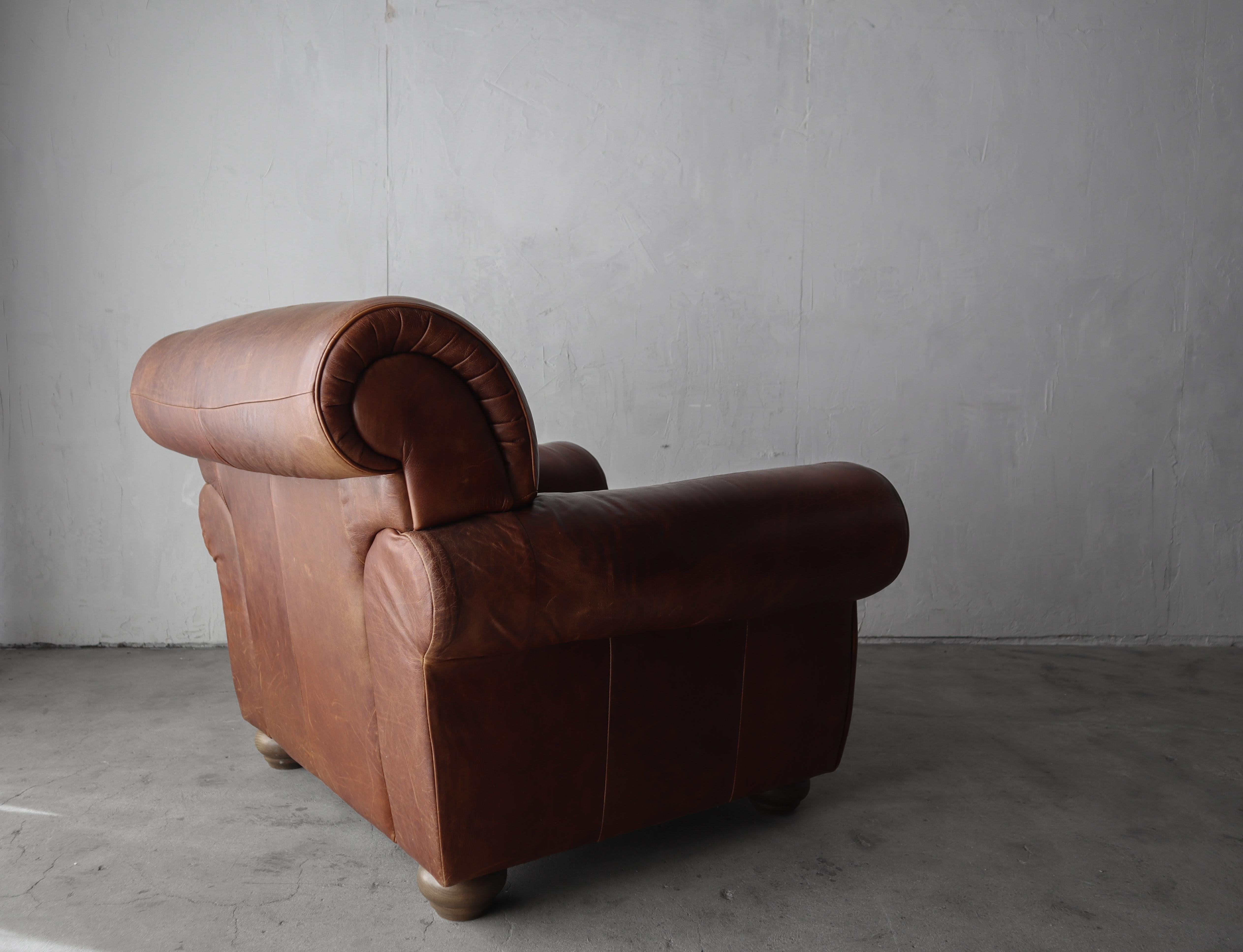 Italian Aged Leather Lounge Chair and Ottoman For Sale 4