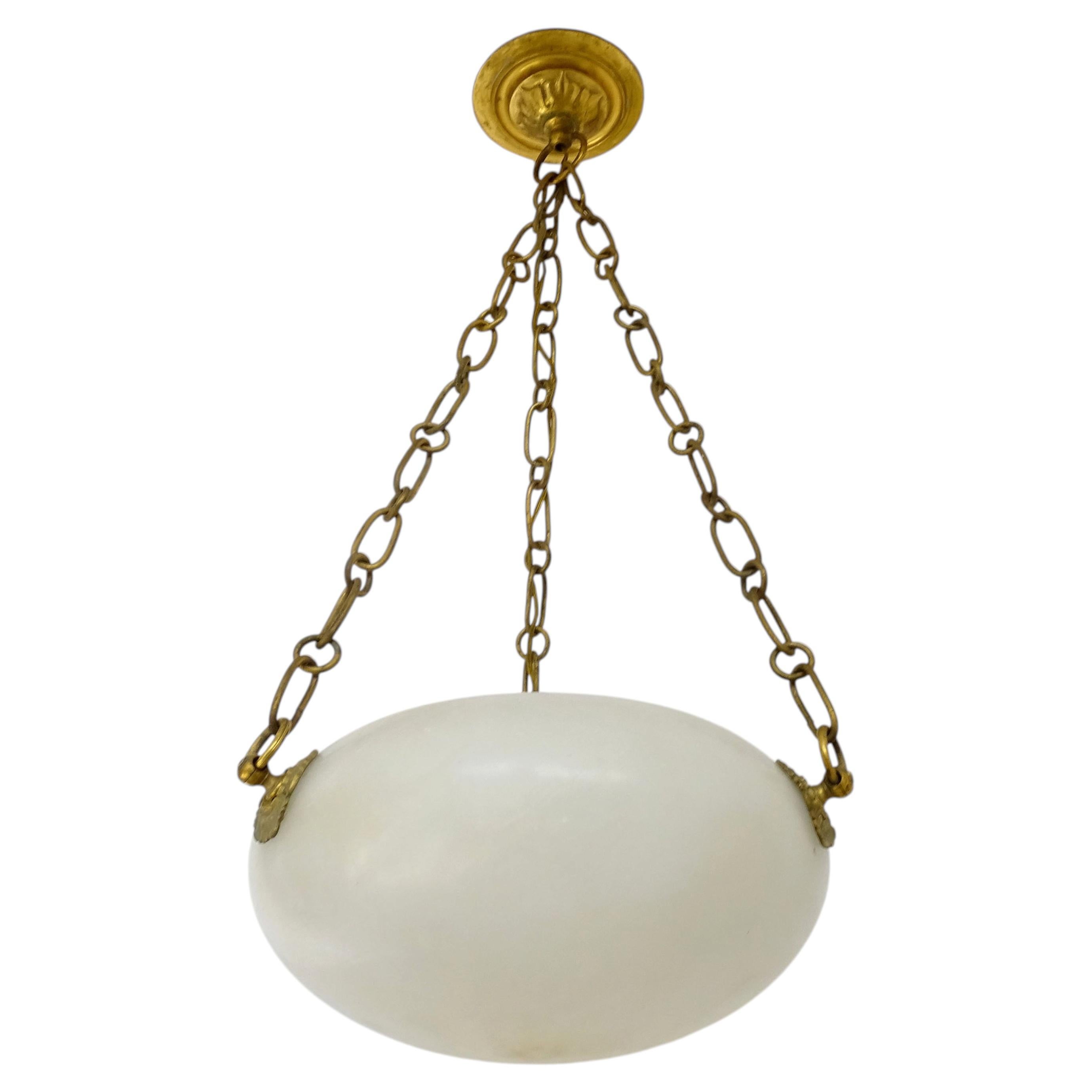 Italian Alabaster and Brass Hanging Ceiling Lamp, 1940s