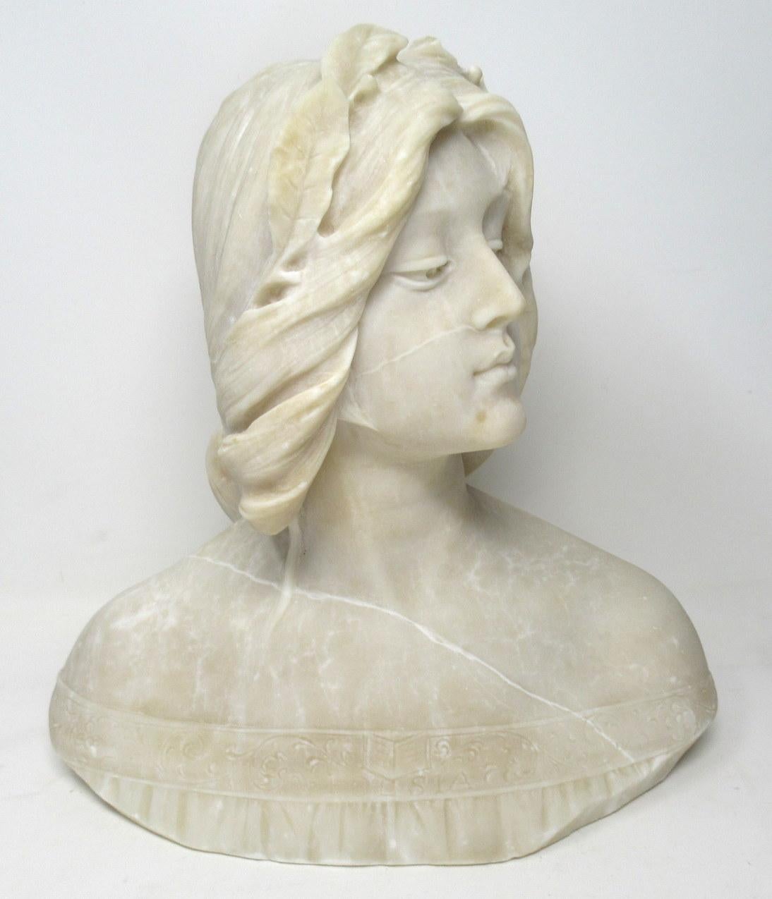 An exceptionally fine quality Italian highly detailed carved alabaster portrait sculpture bust of an elegant lady by Emilio Fiaschi (1858-1941) signed at back. Last quarter of the 19th century.

Condition: Old professional restoration in two