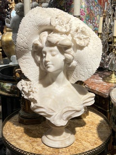 Italian Alabaster Bust of Beauty in Lace Hat by Adolfo Cipriani Circa 1900