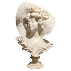 Italian Alabaster Bust of Beauty in Lace Hat by Adolfo Cipriani Circa 1900