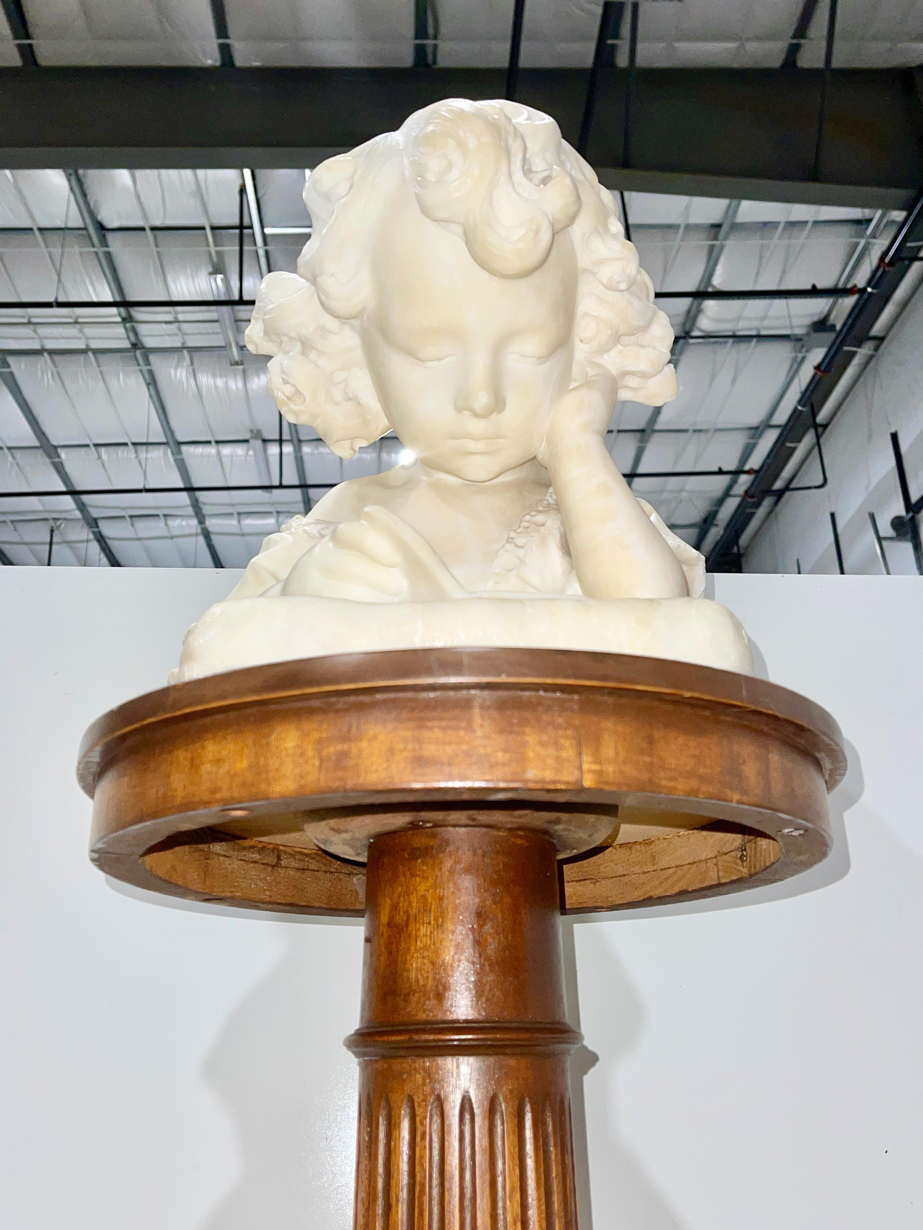 Italian Alabaster Bust of Girl Reading on Floor Pedestal For Sale 10