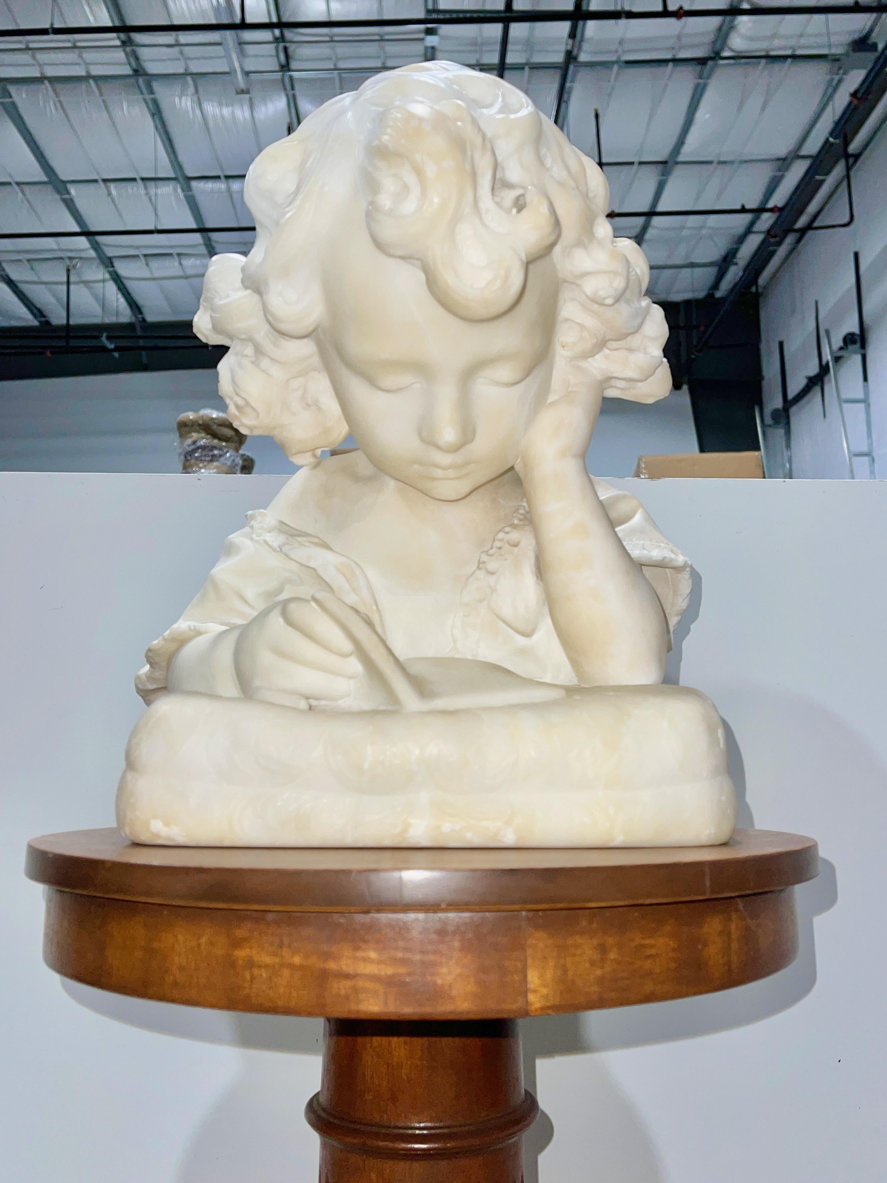 Italian Alabaster Bust of Girl Reading on Floor Pedestal For Sale 11