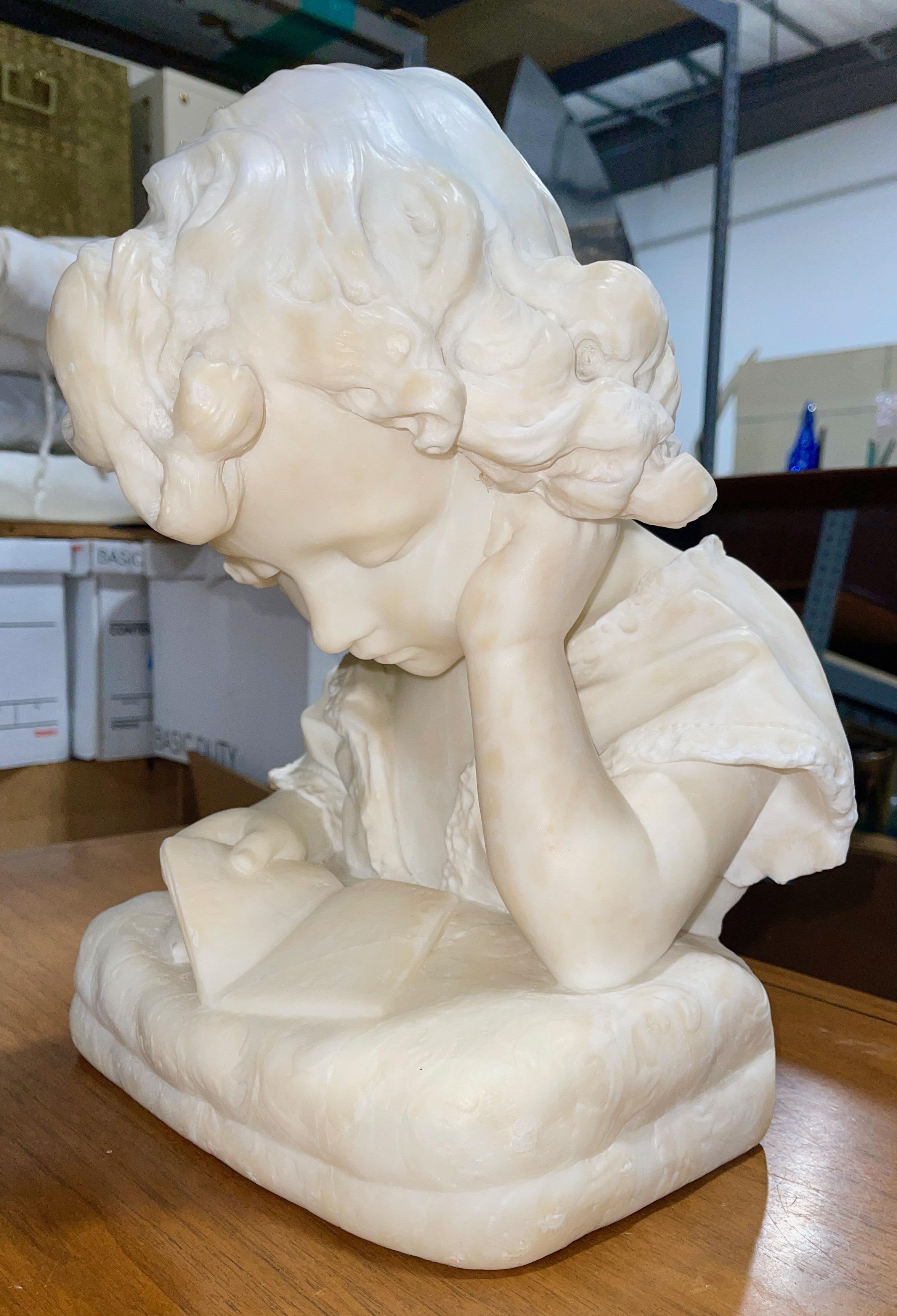 Italian Alabaster Bust of Girl Reading on Floor Pedestal In Good Condition For Sale In Hanover, MA