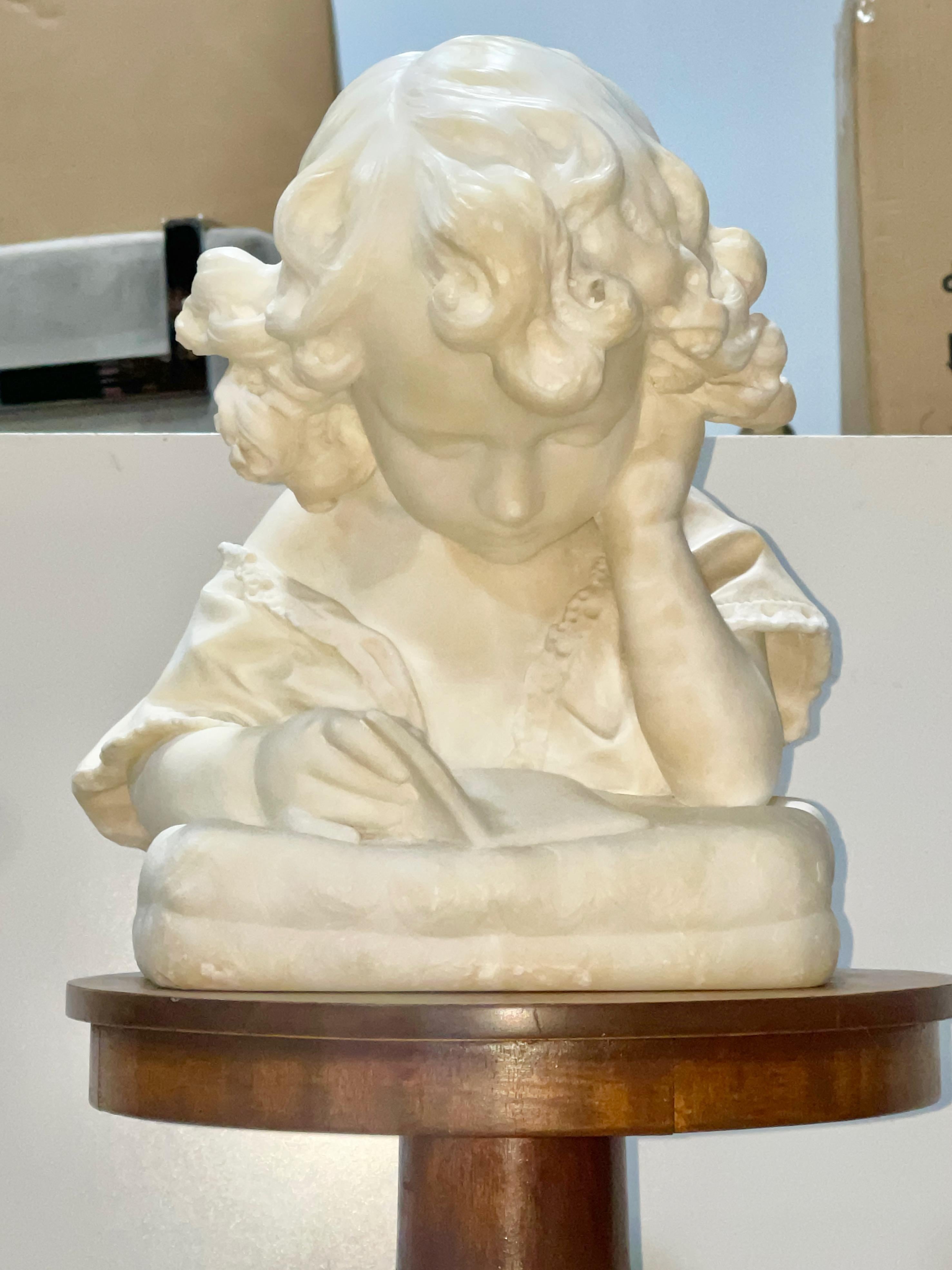 Italian Alabaster Bust of Girl Reading on Floor Pedestal For Sale 4