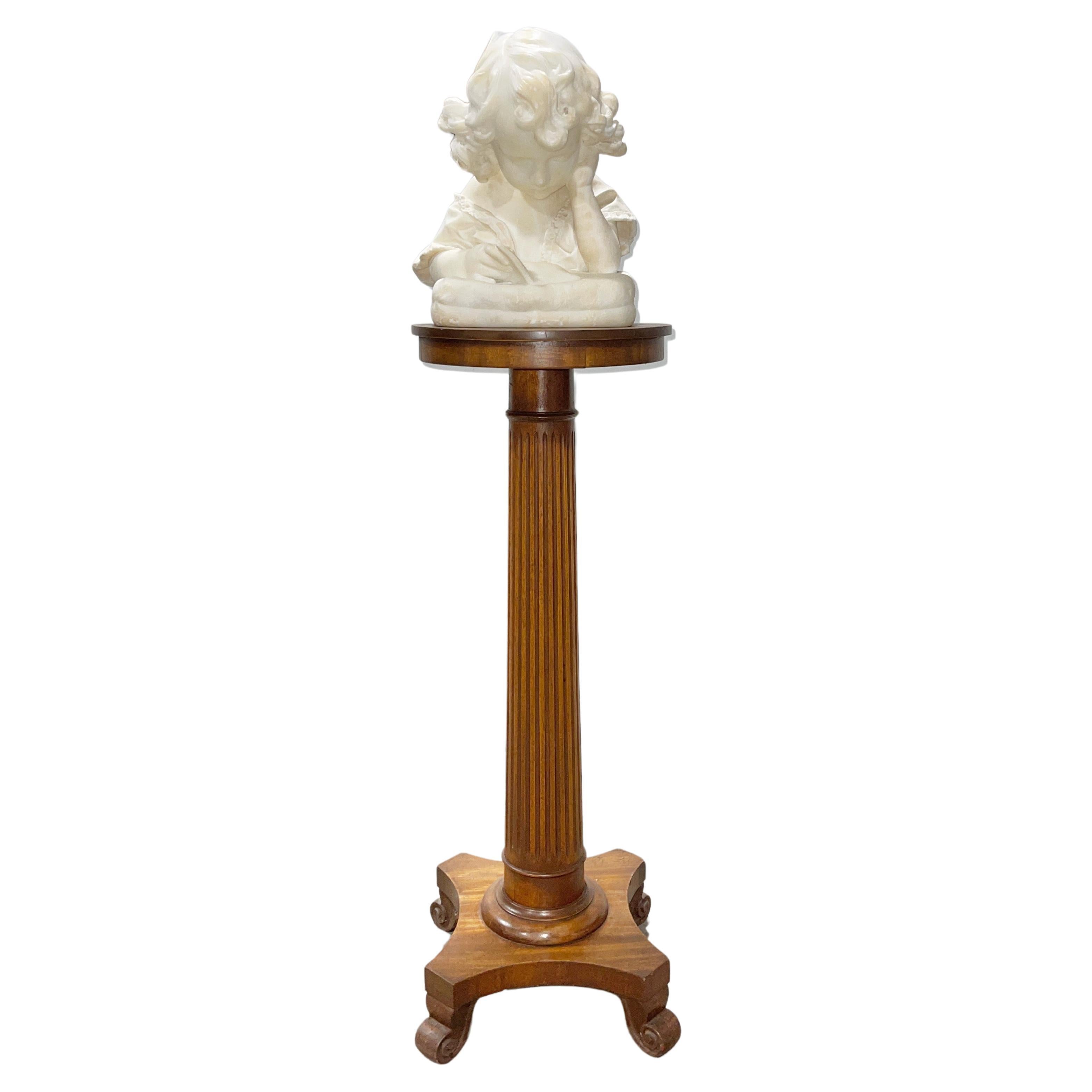 Italian Alabaster Bust of Girl Reading on Floor Pedestal For Sale
