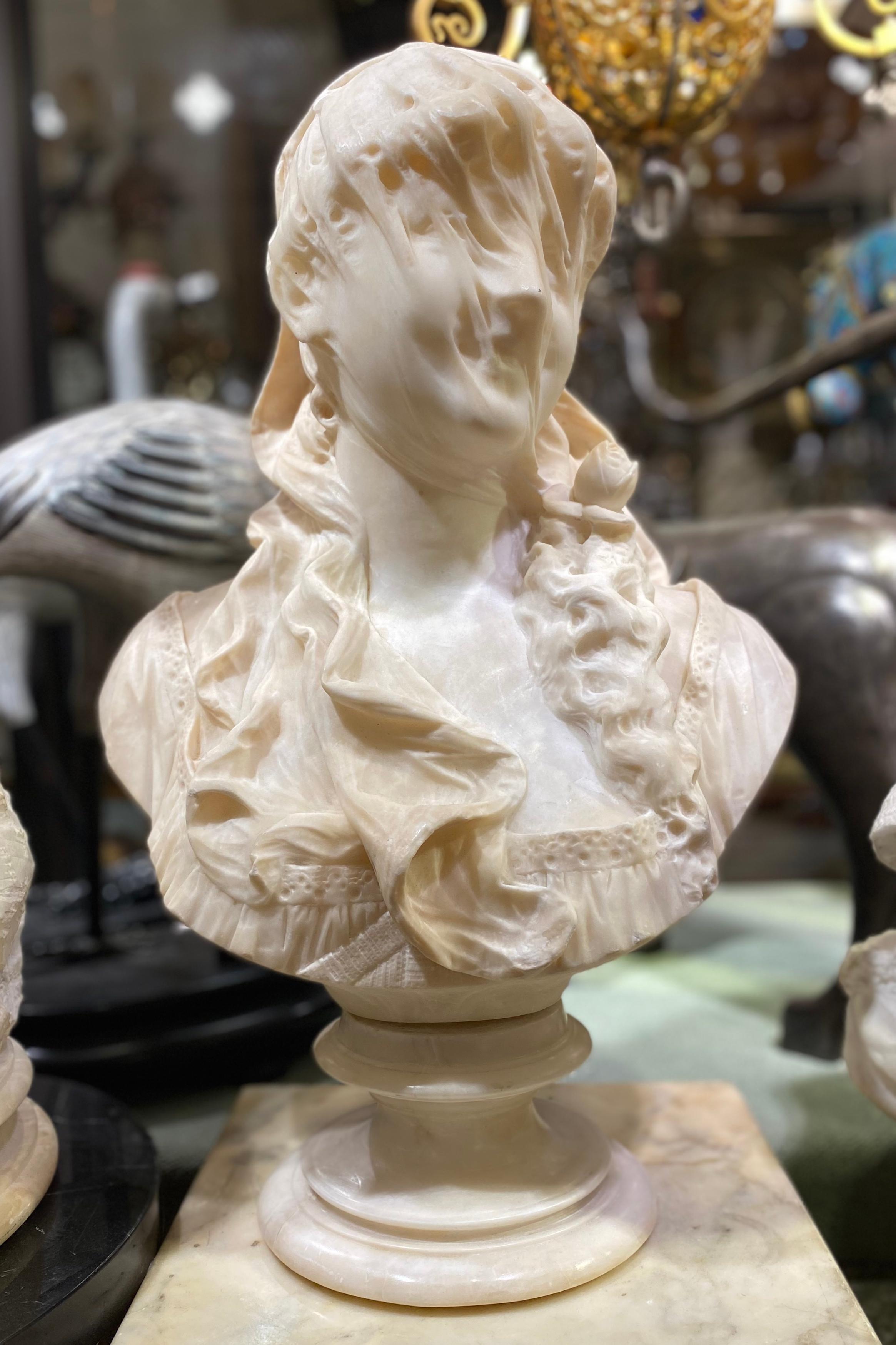 Carved Italian Alabaster Bust of Veiled Woman