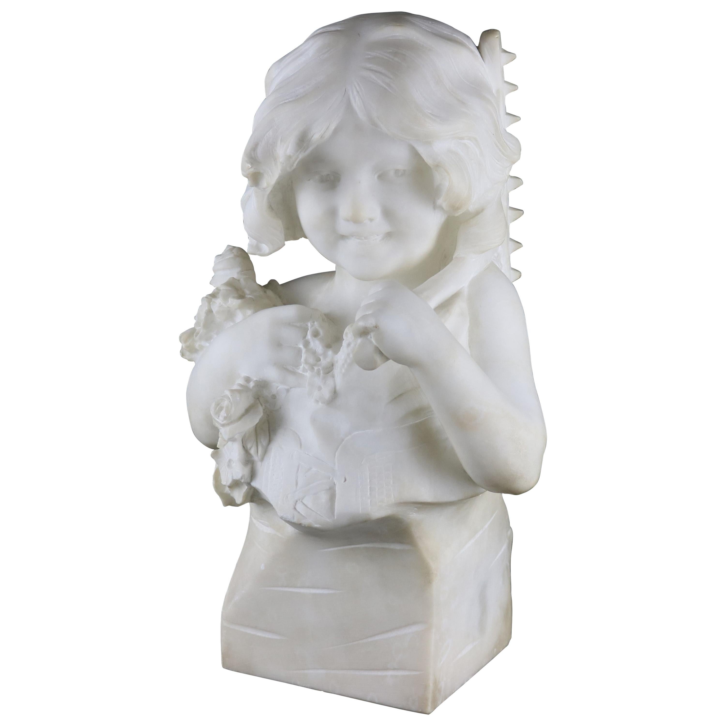 Large Italian Alabaster Bust Sculpture of Girl w. Flowers by D. Zoi, circa 1890