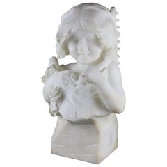 Large Italian Alabaster Bust Sculpture of Girl w. Flowers by D. Zoi, circa 1890