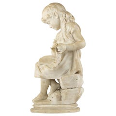 Italian Alabaster Figure of Seated Girl Reading, Signed F. Vichi