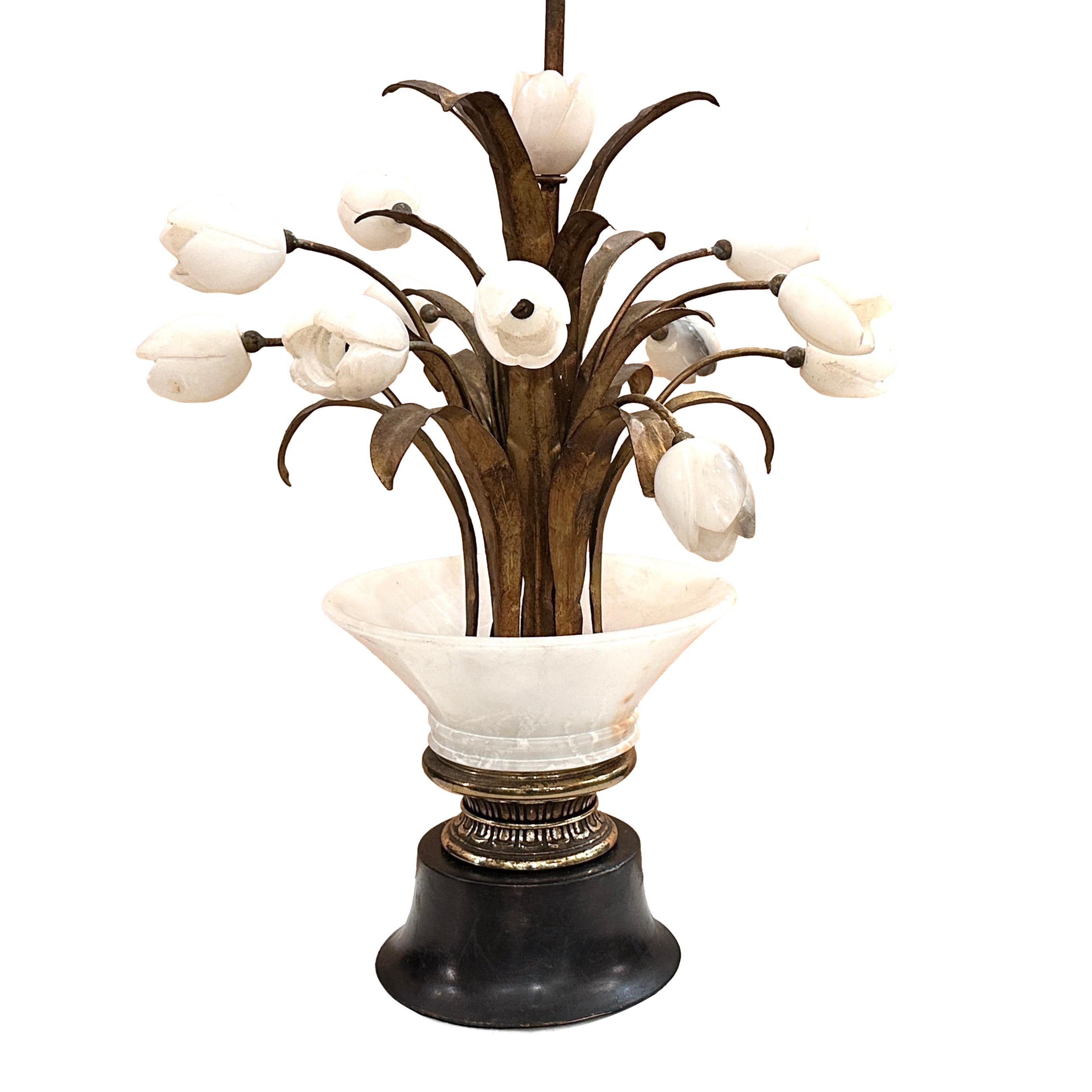 Gilt Italian Alabaster Flowers Lamp For Sale
