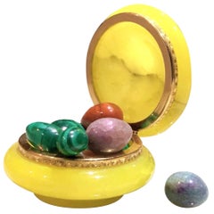 Vintage Italian Alabaster and Gilt Bronze Trinket Box & Stone Egg Sculptures, Malachite