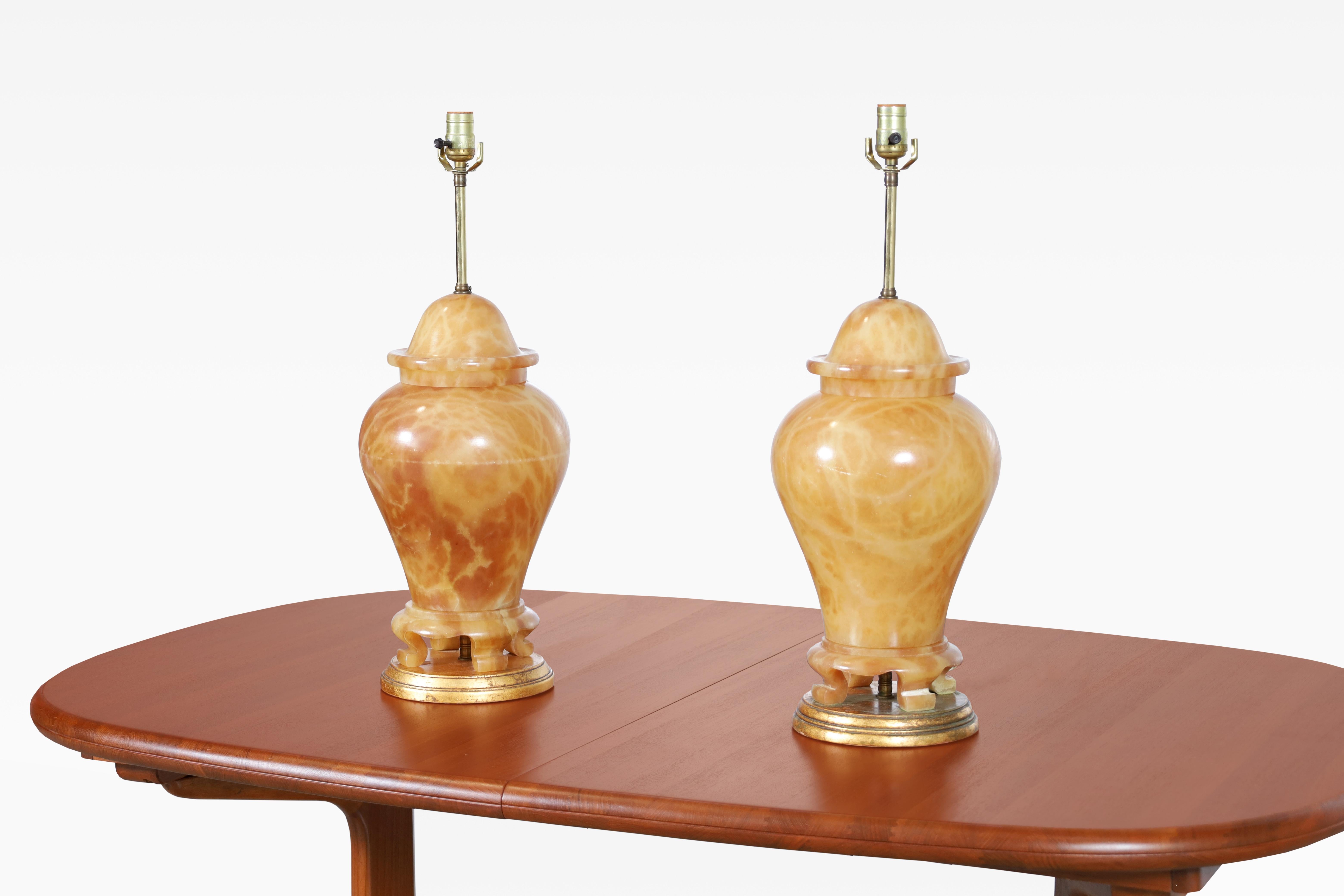 Italian Alabaster Ginger Jar Table Lamps For Sale 2
