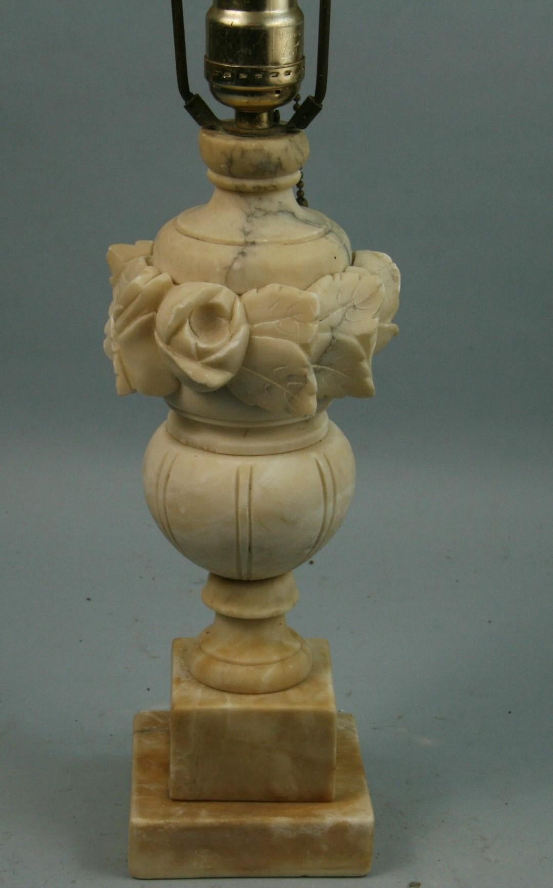 3-738 Italian alabaster hand carved lamp with rose and leaf motif
Height to top of socket 15