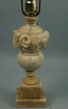 Italian Alabaster Table Lamp, Hand-Carved Rose and Leaf Motif, 1920