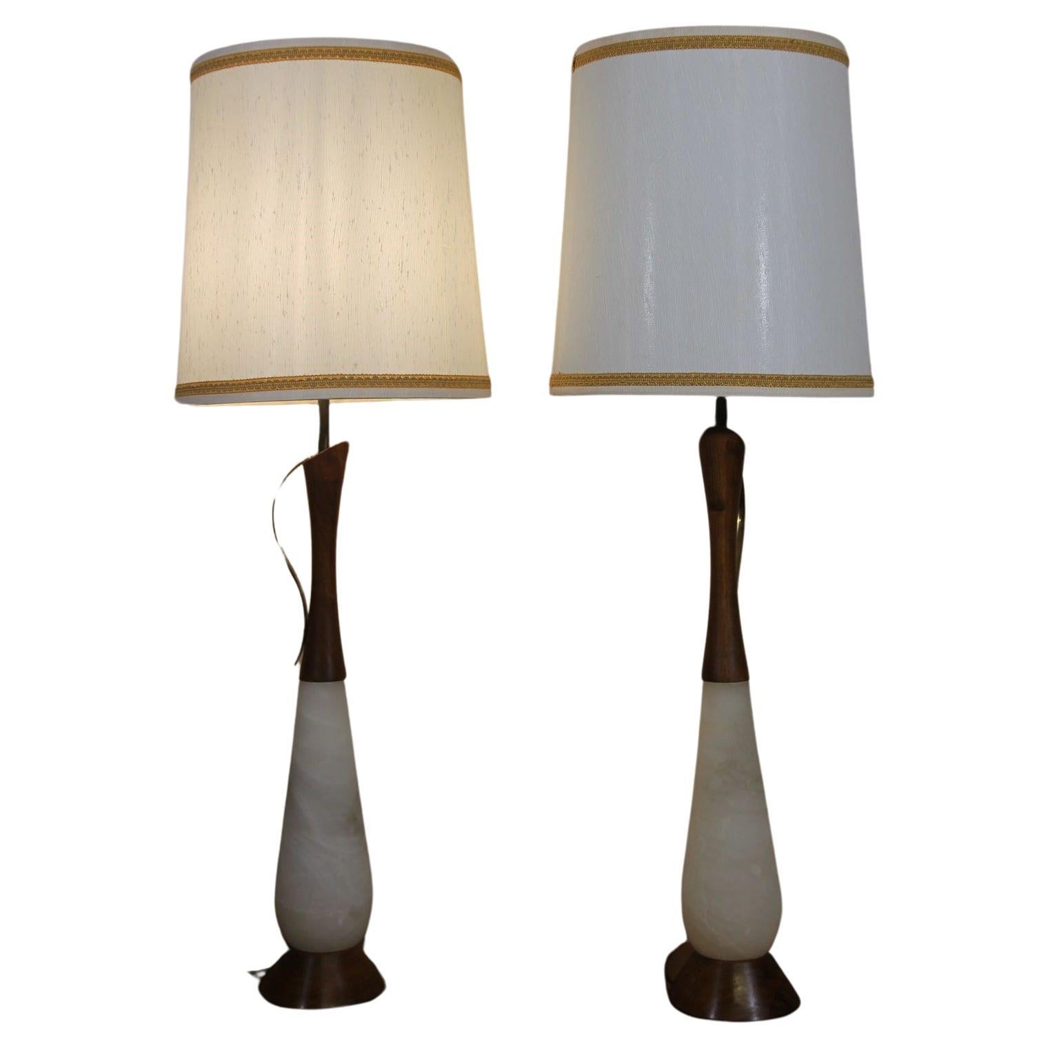 Italian Alabaster Lamps With Original Shades and Finials For Sale