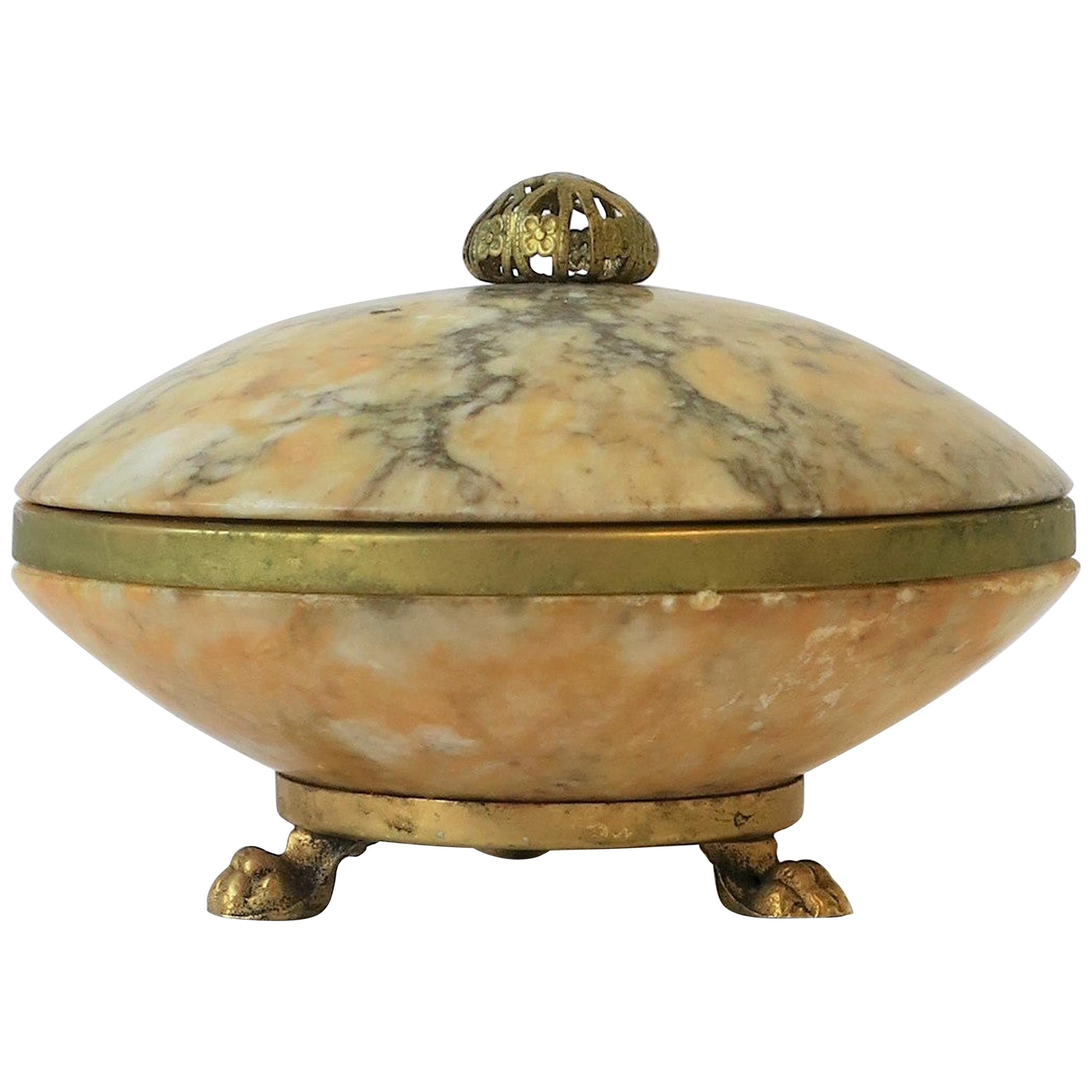 Italian Alabaster Marble and Brass Round Box in the Neoclassical Style