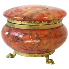 Italian Alabaster Marble and Brass Round Jewelry Box