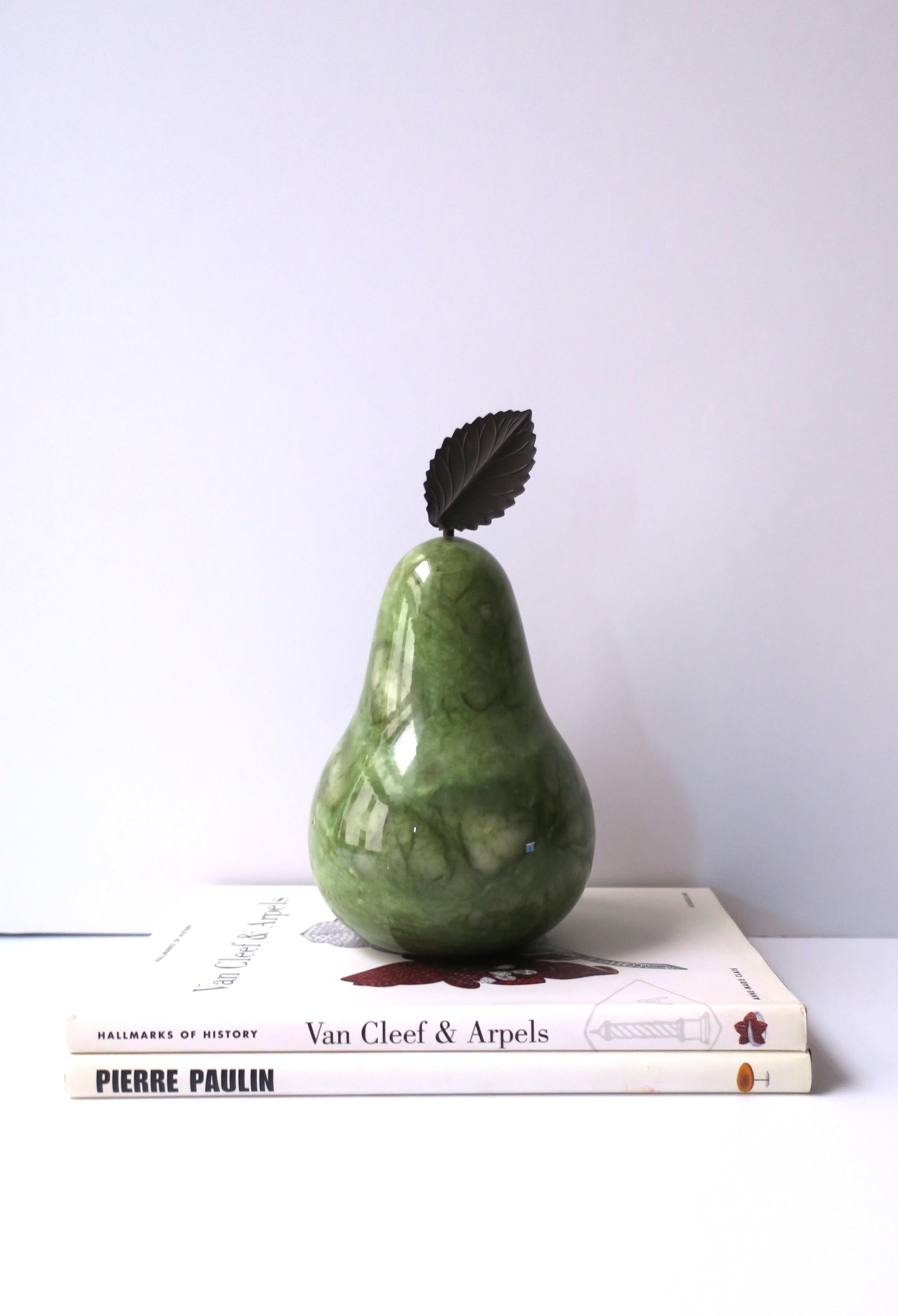 Dyed Italian Alabaster Marble Fruit Pear with Leaf Decorative Object or Bookend