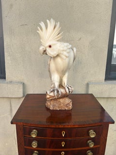 Italian Alabaster & Marble Perched Cockatiel w/ Orig. Amber Glass Eyes, C. 1890