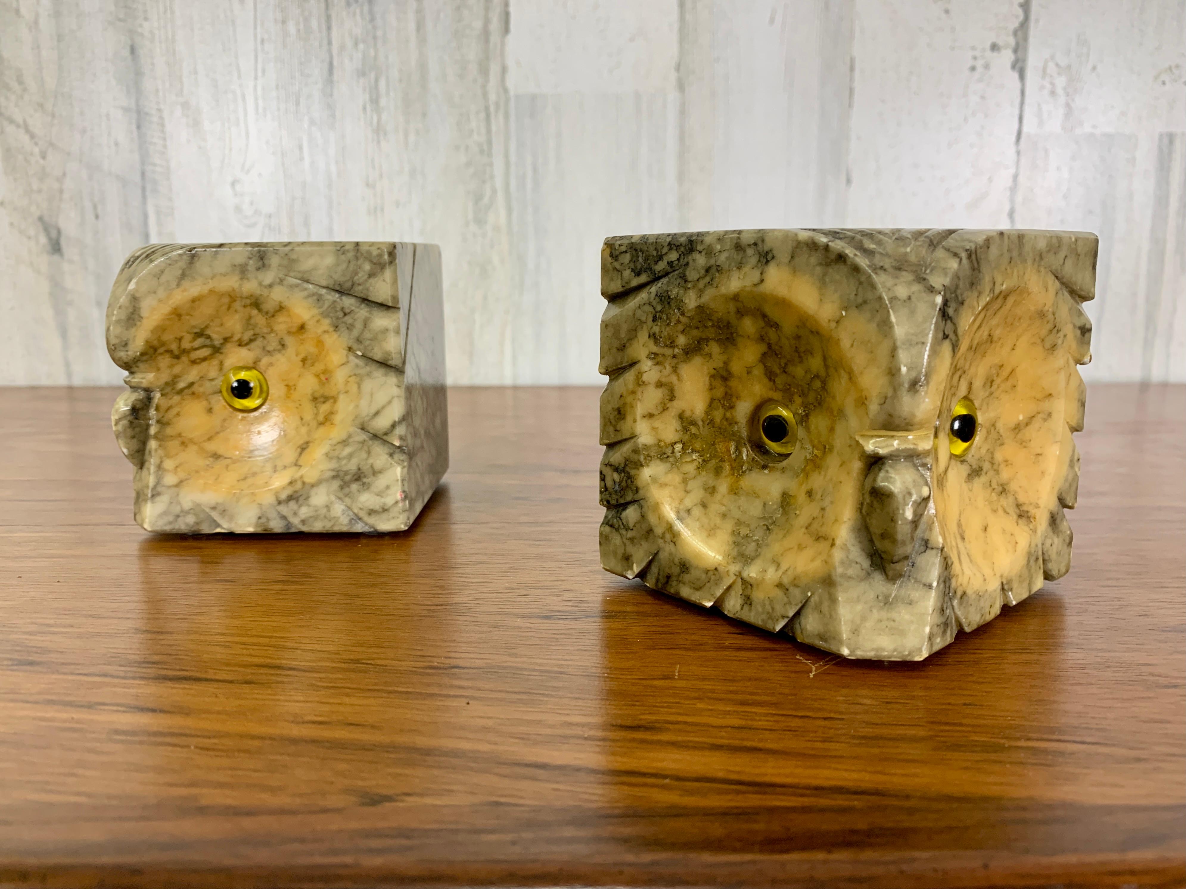 Pair of cubist owl sculptures handcrafted in Italy with glass eyes.
