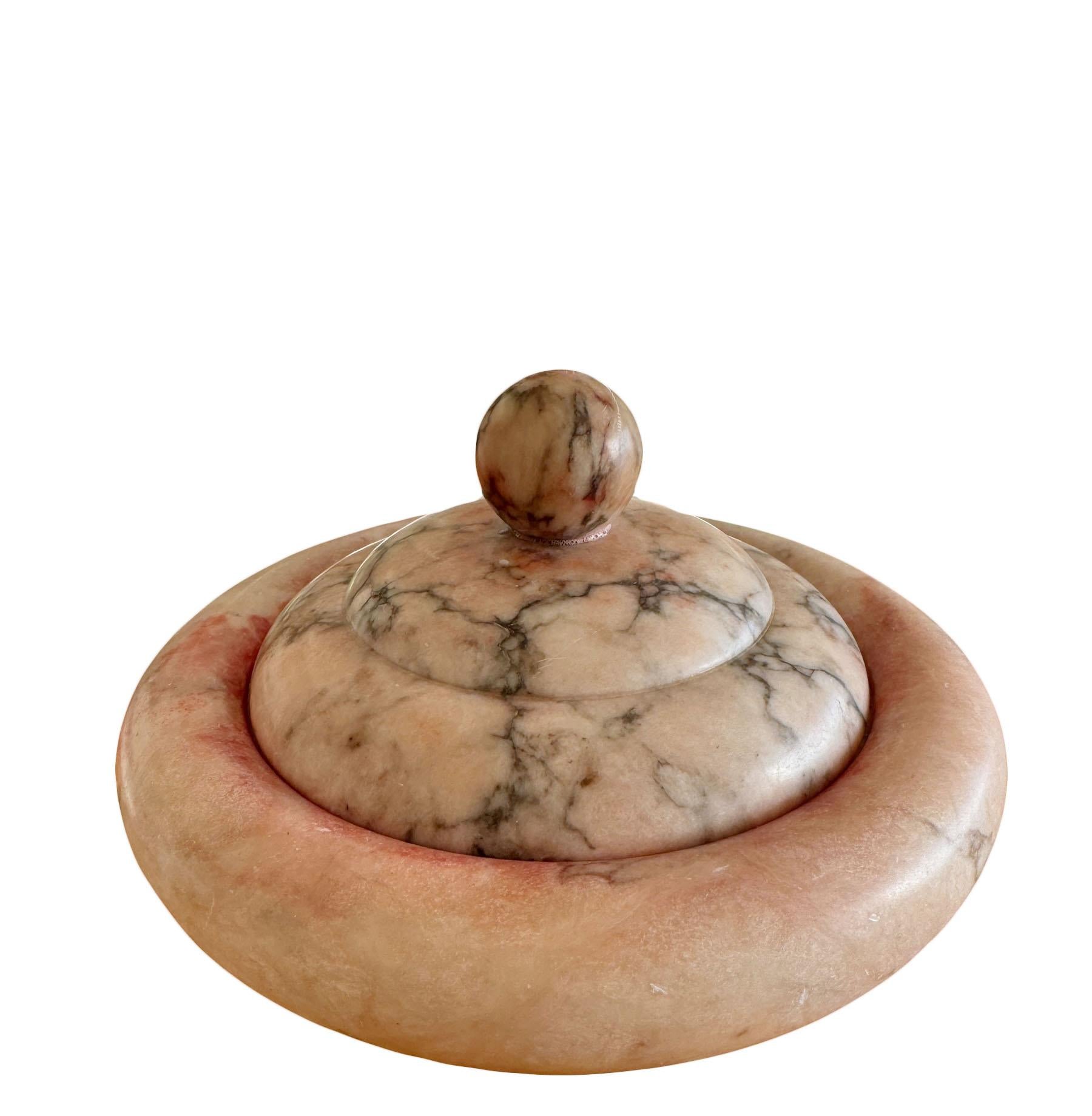 A low round urn shape, pale pink alabaster box with gray veining. Very heavy and an attractive design. Signed on bottom. Italy, circa 1970s.