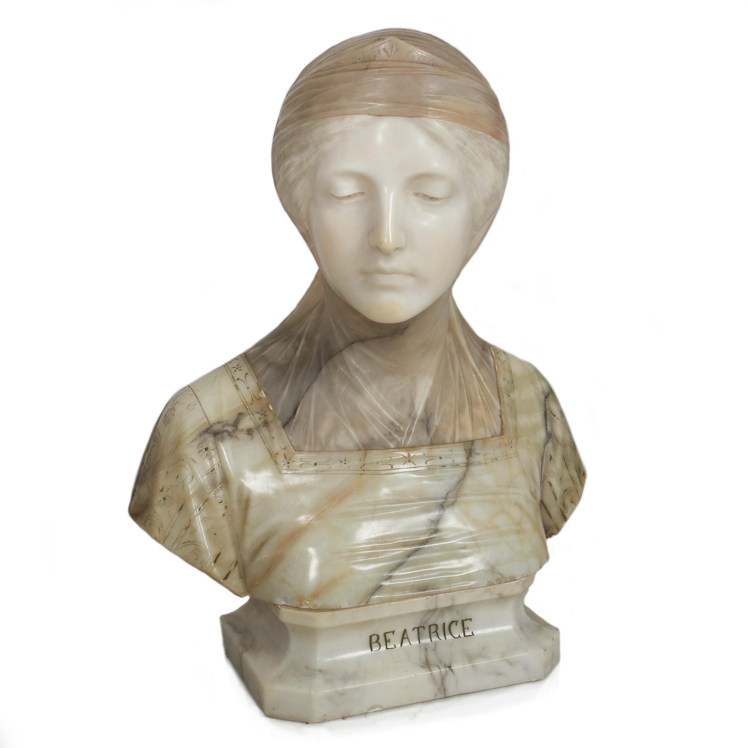 A beautifully carved alabaster bust of Dante Alighieri's muse, Beatrice, executed by Giuseppe Bessi. Typical of his sensitive works, the present model features four blocks of the stone selected for their color profiles: the base, the garment, the