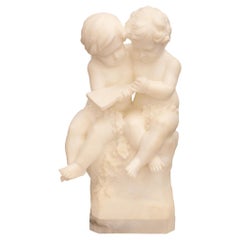 Estatua italiana de alabastro de dos querubines, firmada por E. Battiglia