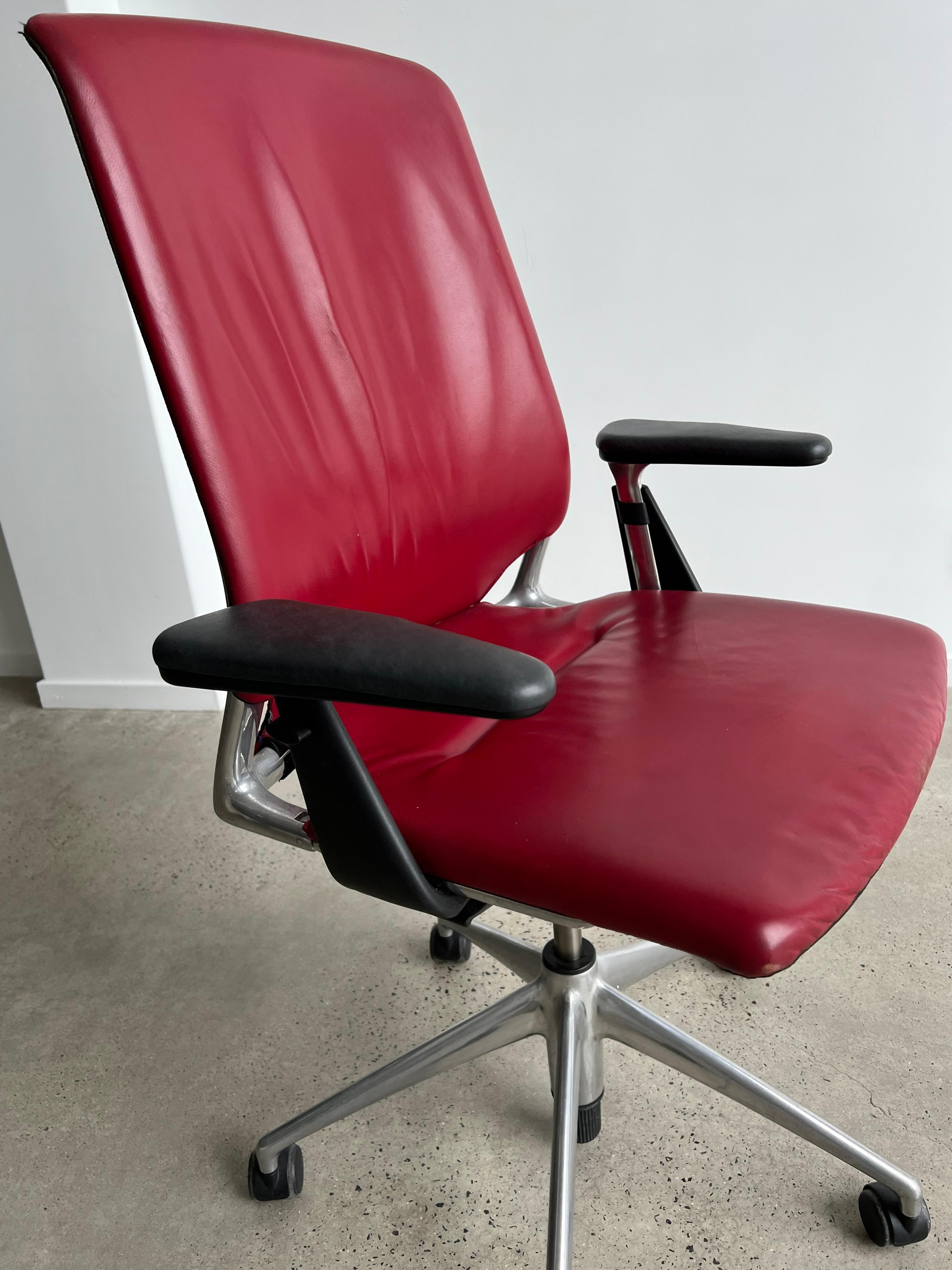 Aluminum Italian Alberto Meda Office Chair for Vitra in Red Leather 1990 For Sale