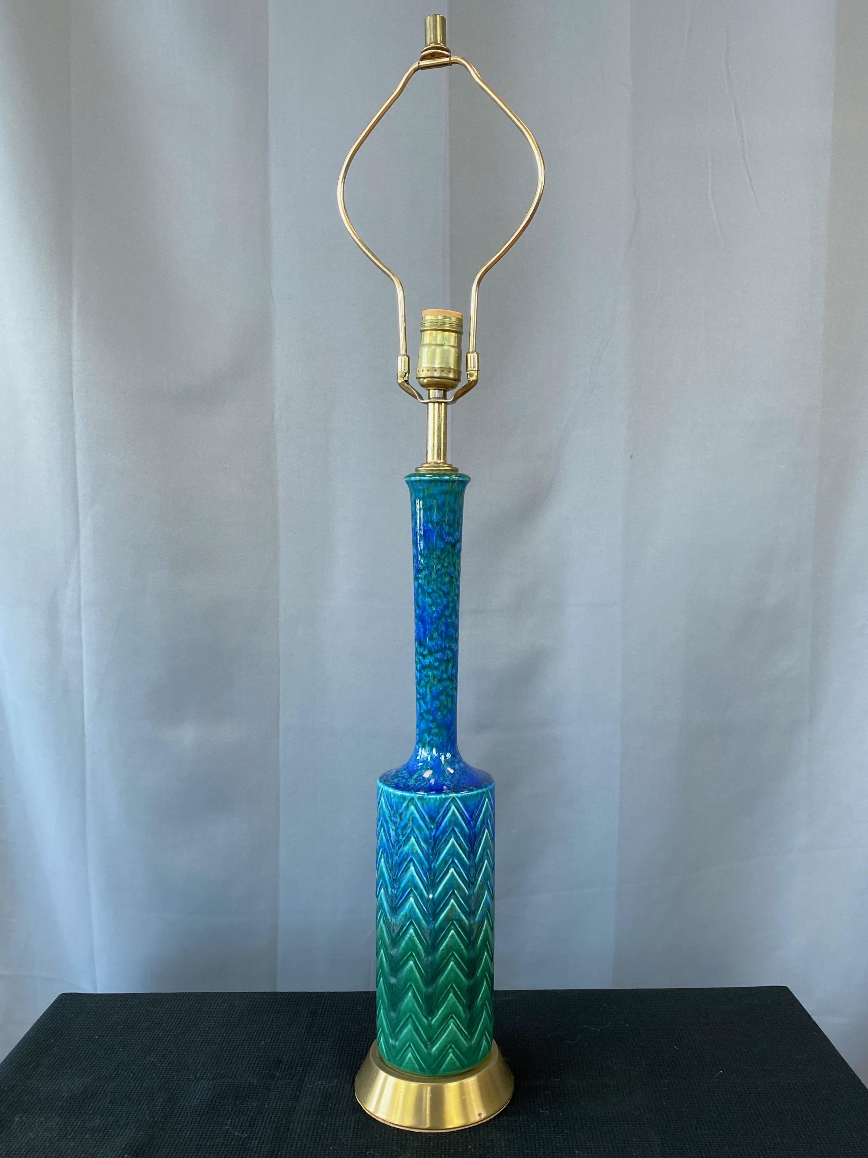 Mid-Century Modern Italian Aldo Londi for Bitossi-Style Blue-Green Glazed Ceramic Table Lamp, 1960s