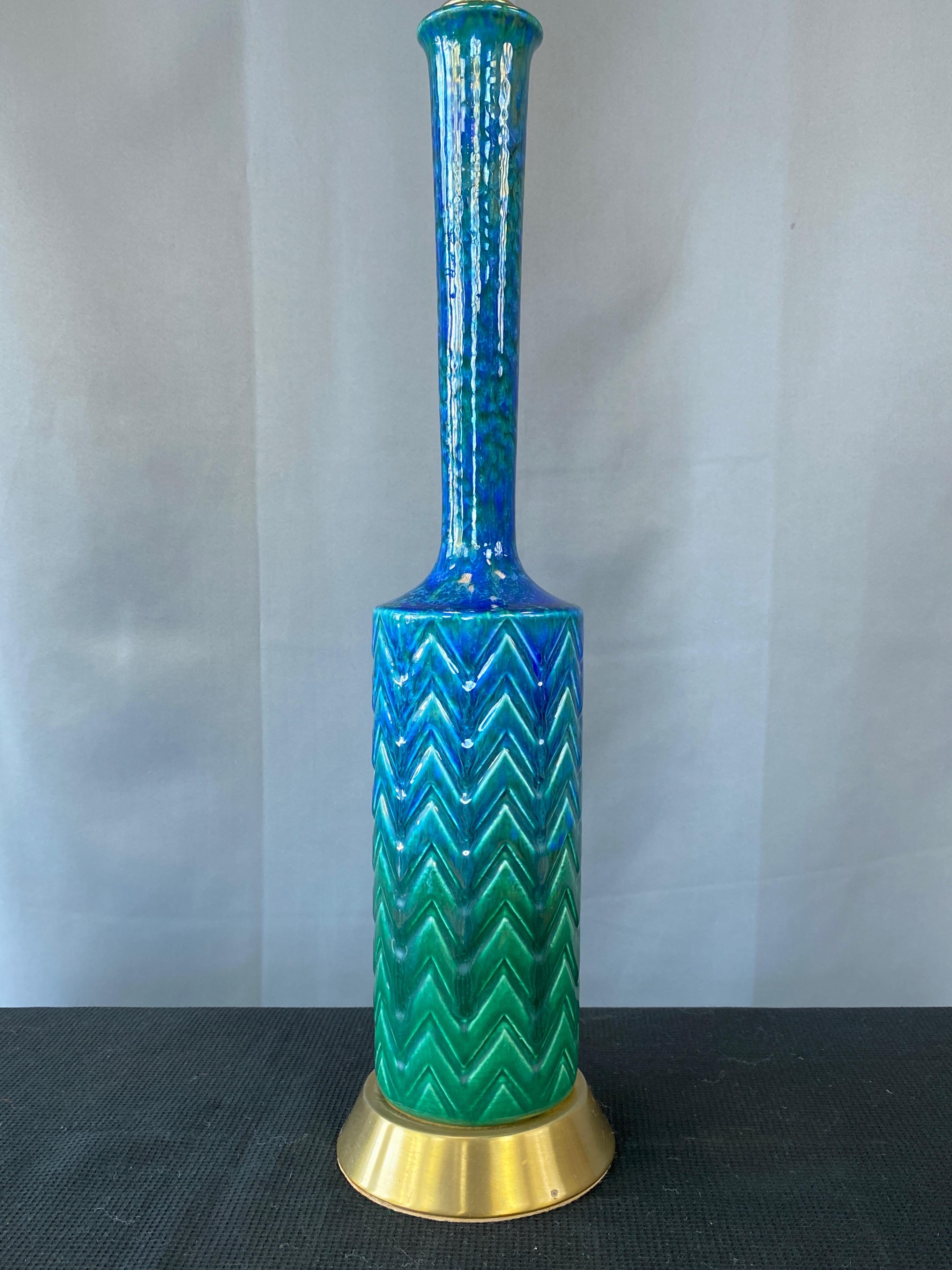 Brushed Italian Aldo Londi for Bitossi-Style Blue-Green Glazed Ceramic Table Lamp, 1960s