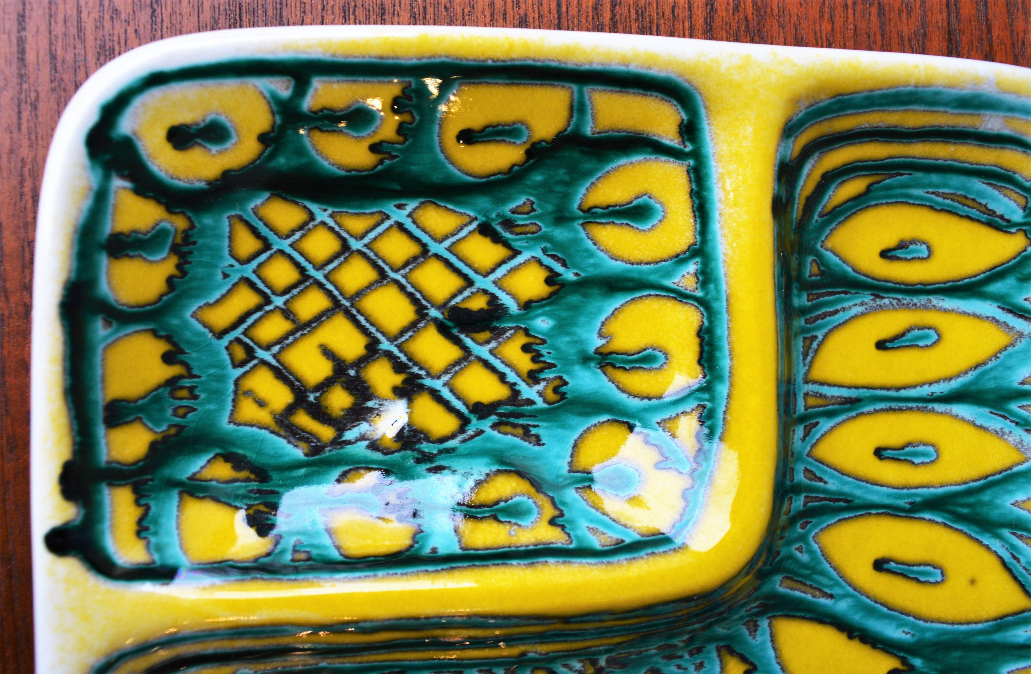 Mid-Century Modern Italian Alessio Tasca Hand-Painted Ceramic Dish, Turquoise and Yellow For Sale