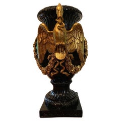 Dark Blue and Gold Neoclassical Alexandria Vase w. Sculpted Birds and Garlands