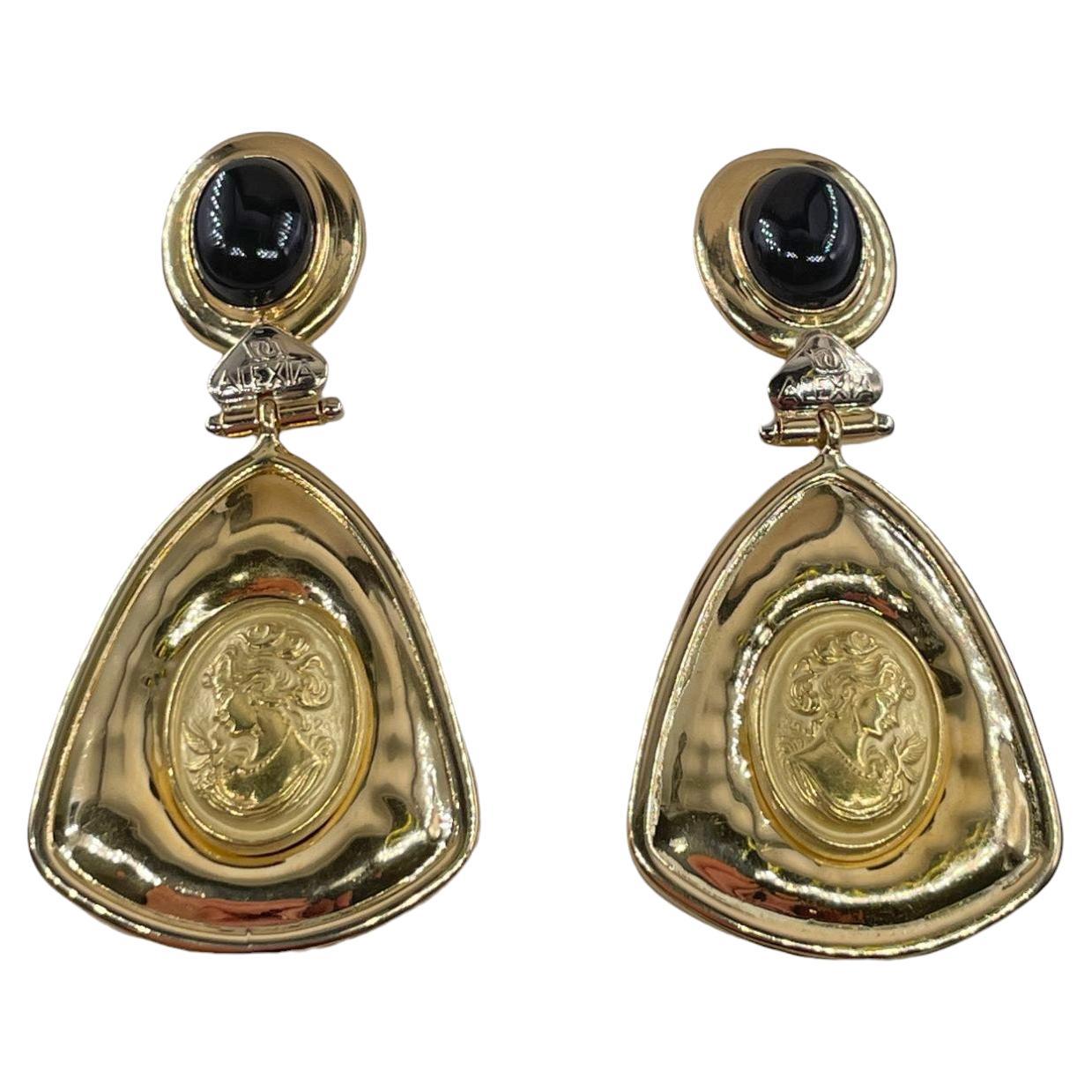 Boucles d'oreilles "ALEXIA" 18KT YG Style Etrusque Camée Gravé Onyx Noir Dangle