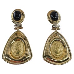 Italian "ALEXIA" 18KT YG Etruscan Style Cameo Etching Black Onyx Dangle Earrings