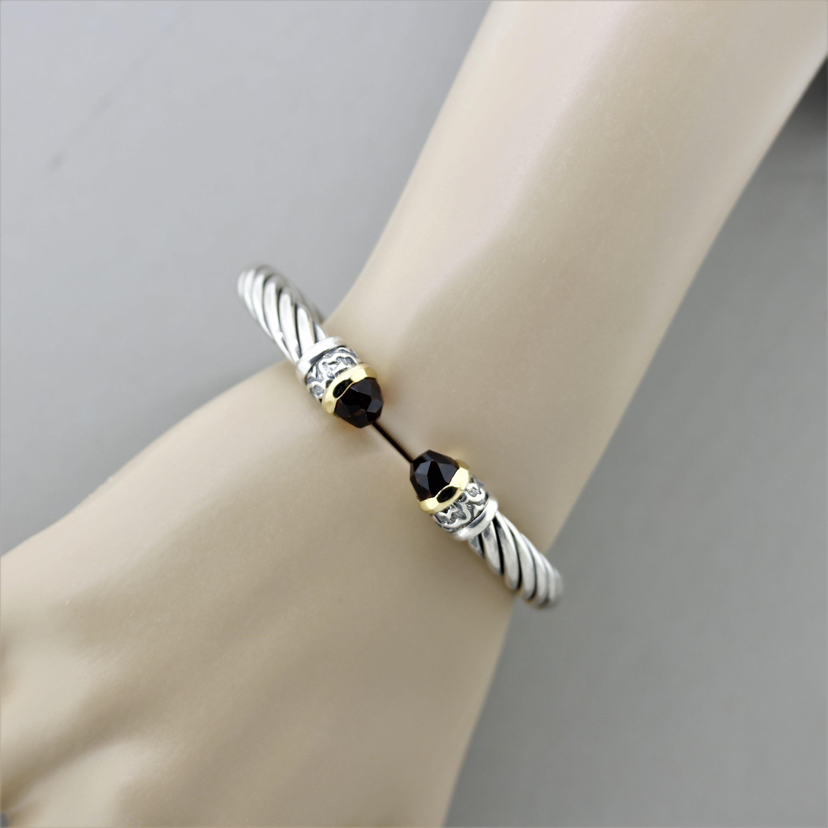 Italian Alisa Garnet Sterling Silver & Gold Twisted Cable Bracelet In New Condition For Sale In Beverly Hills, CA