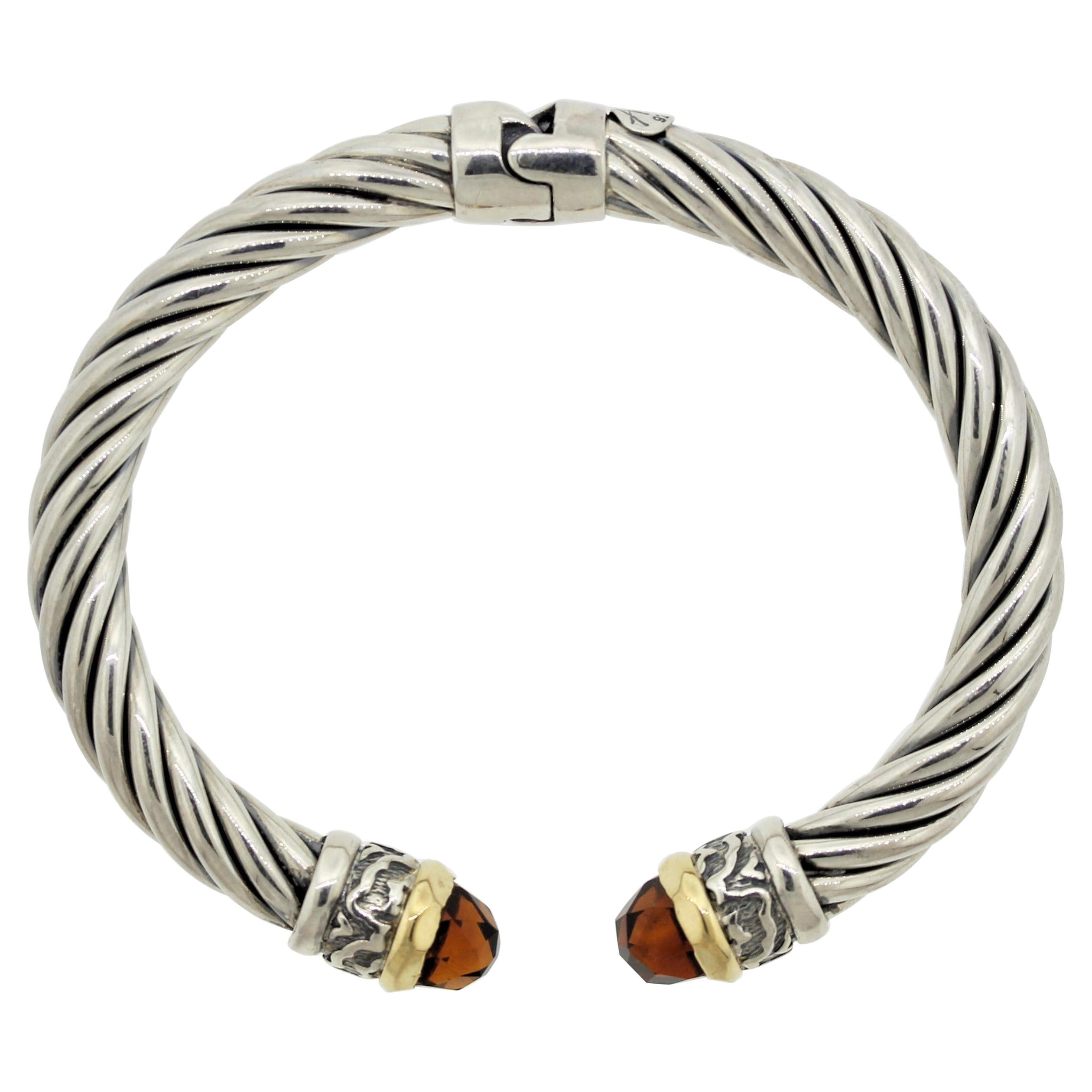 Italian Alisa Garnet Sterling Silver & Gold Twisted Cable Bracelet For Sale