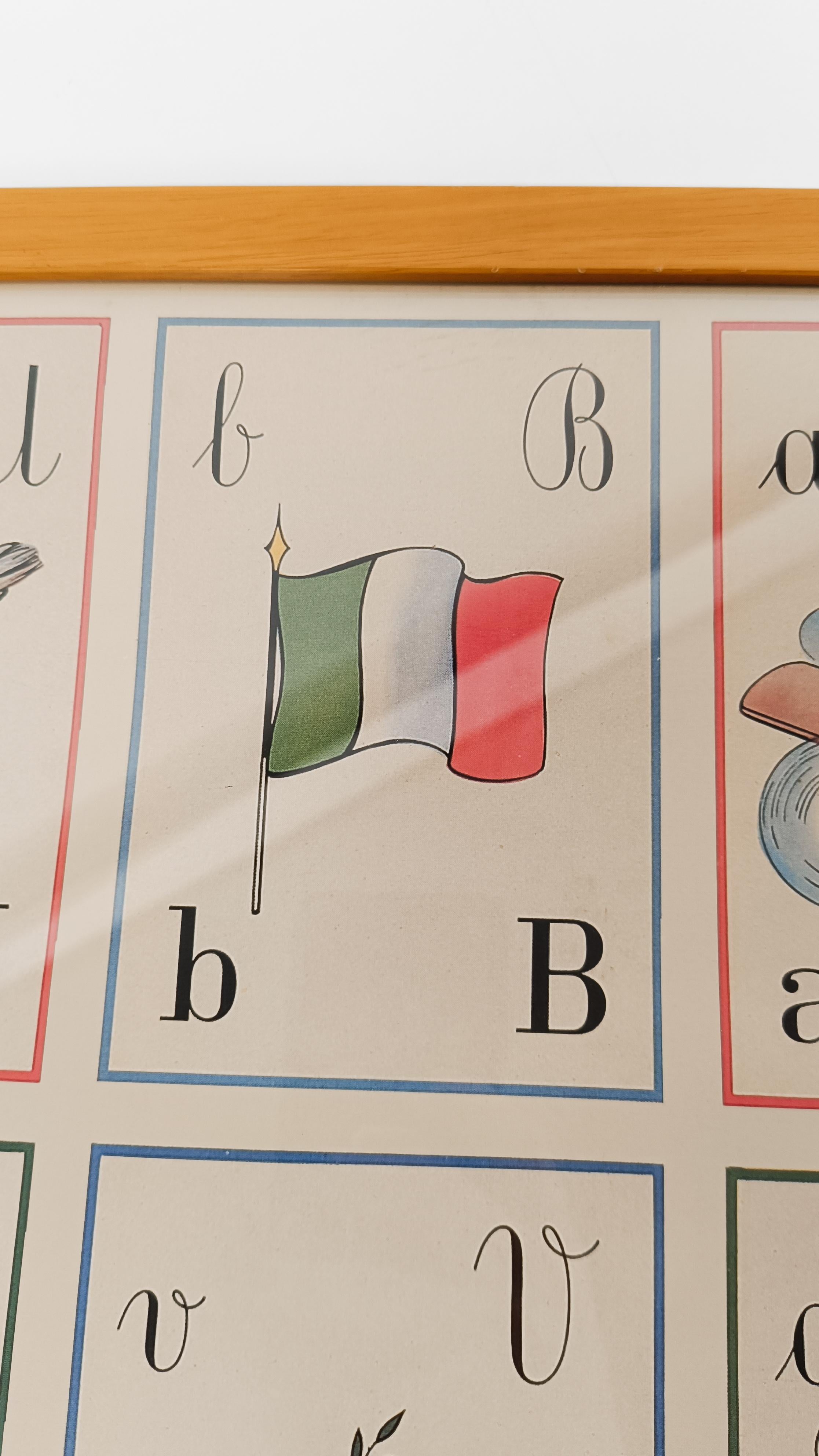 A poster printed during the 90s in Parma by Forme but in a 50s style.
This Poster in fact reproduces an old Italian alphabet, which makes some letters of the alphabet correspond to the illustration of a thing, objects, animals, insects, etc.. whose