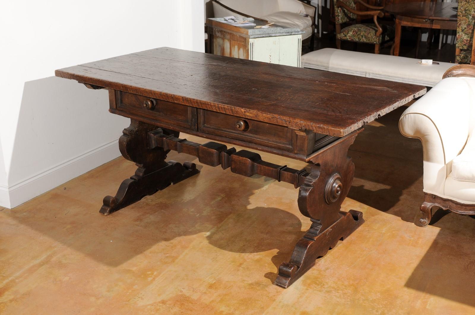 Italian Alpine Baroque Style 19th Century Walnut Table with Trestle Base For Sale 8