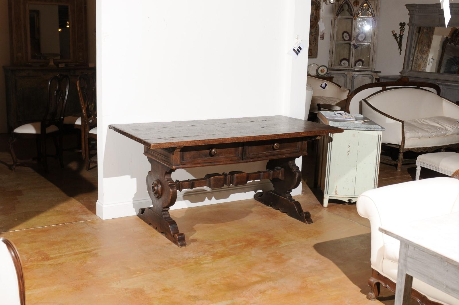 Italian Alpine Baroque Style 19th Century Walnut Table with Trestle Base In Good Condition For Sale In Atlanta, GA