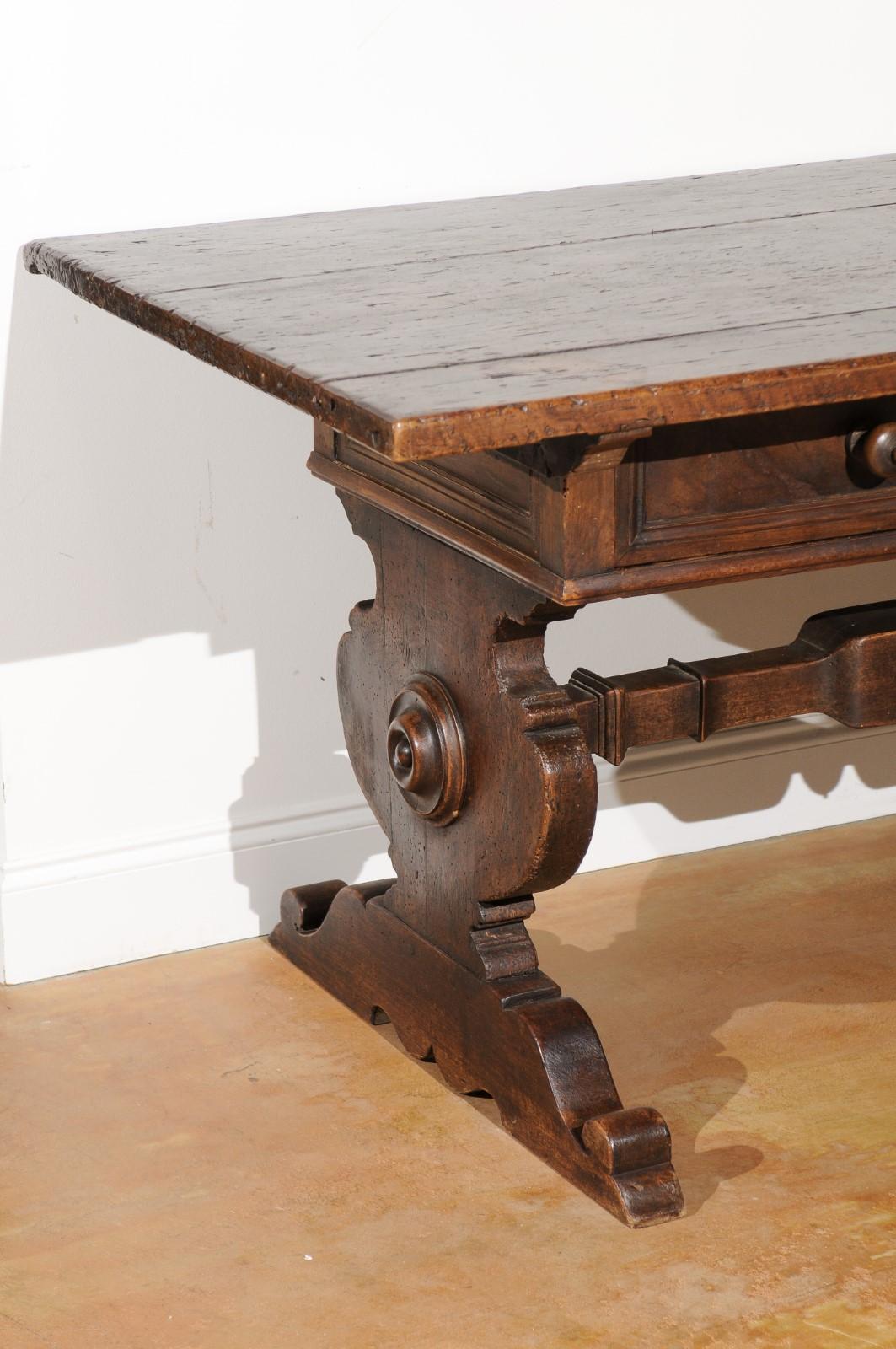 Italian Alpine Baroque Style 19th Century Walnut Table with Trestle Base For Sale 1