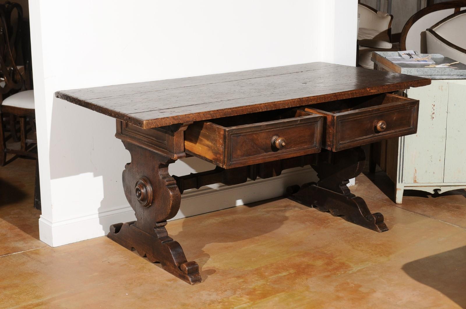 Italian Alpine Baroque Style 19th Century Walnut Table with Trestle Base For Sale 2