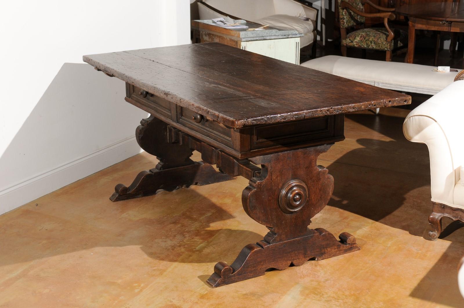 Italian Alpine Baroque Style 19th Century Walnut Table with Trestle Base For Sale 5