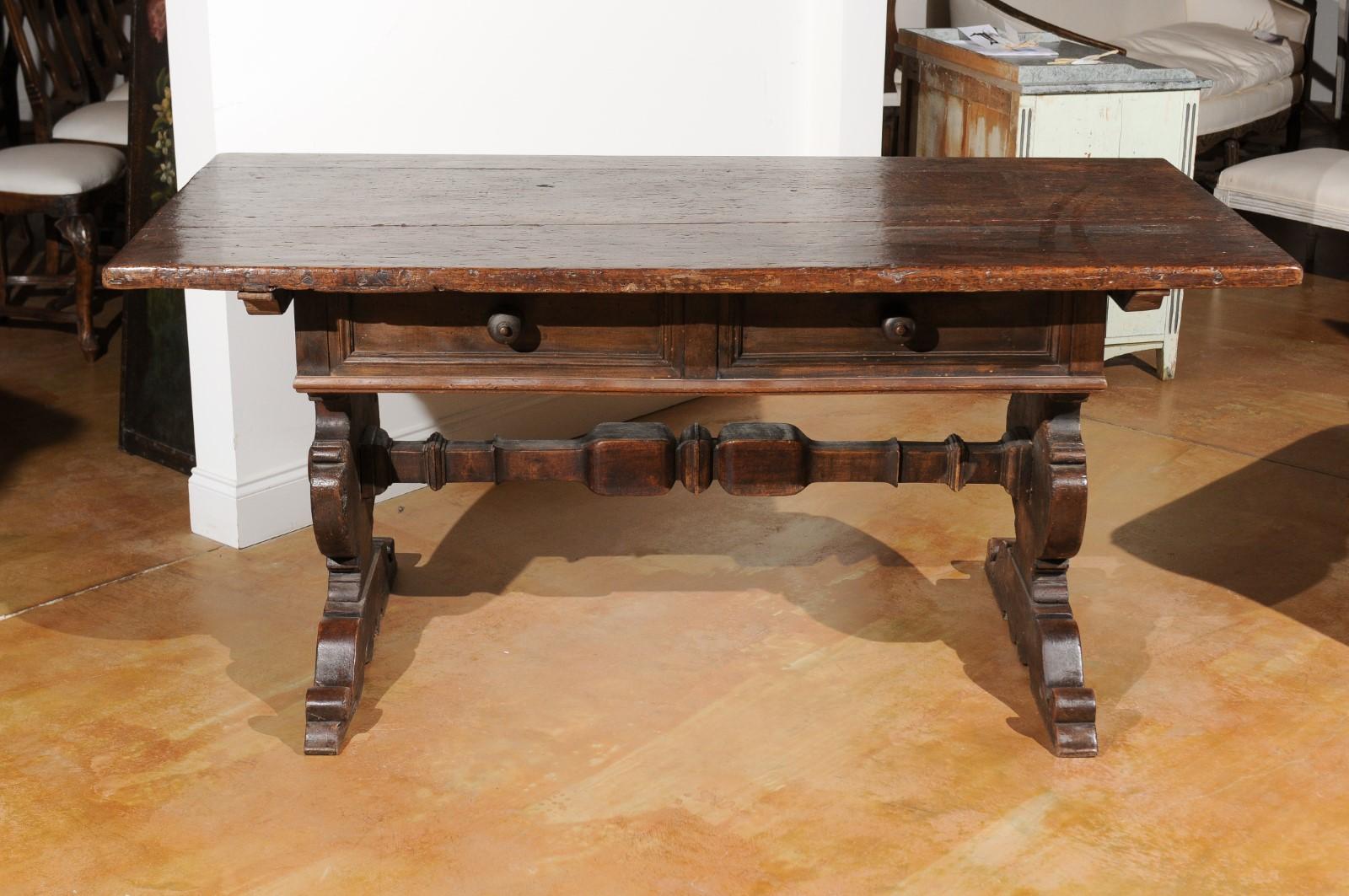 Italian Alpine Baroque Style 19th Century Walnut Table with Trestle Base For Sale 6