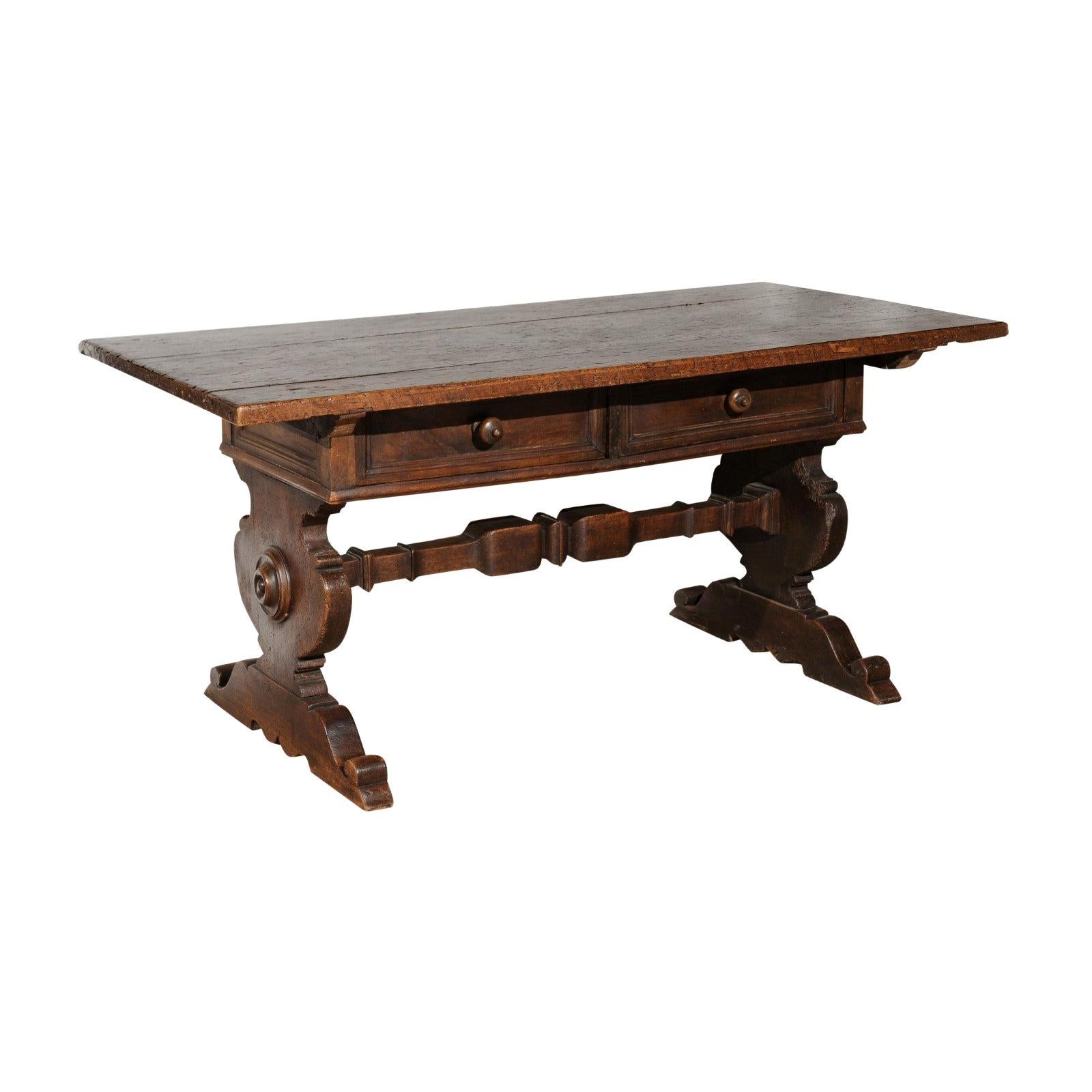 Italian Alpine Baroque Style 19th Century Walnut Table with Trestle Base For Sale