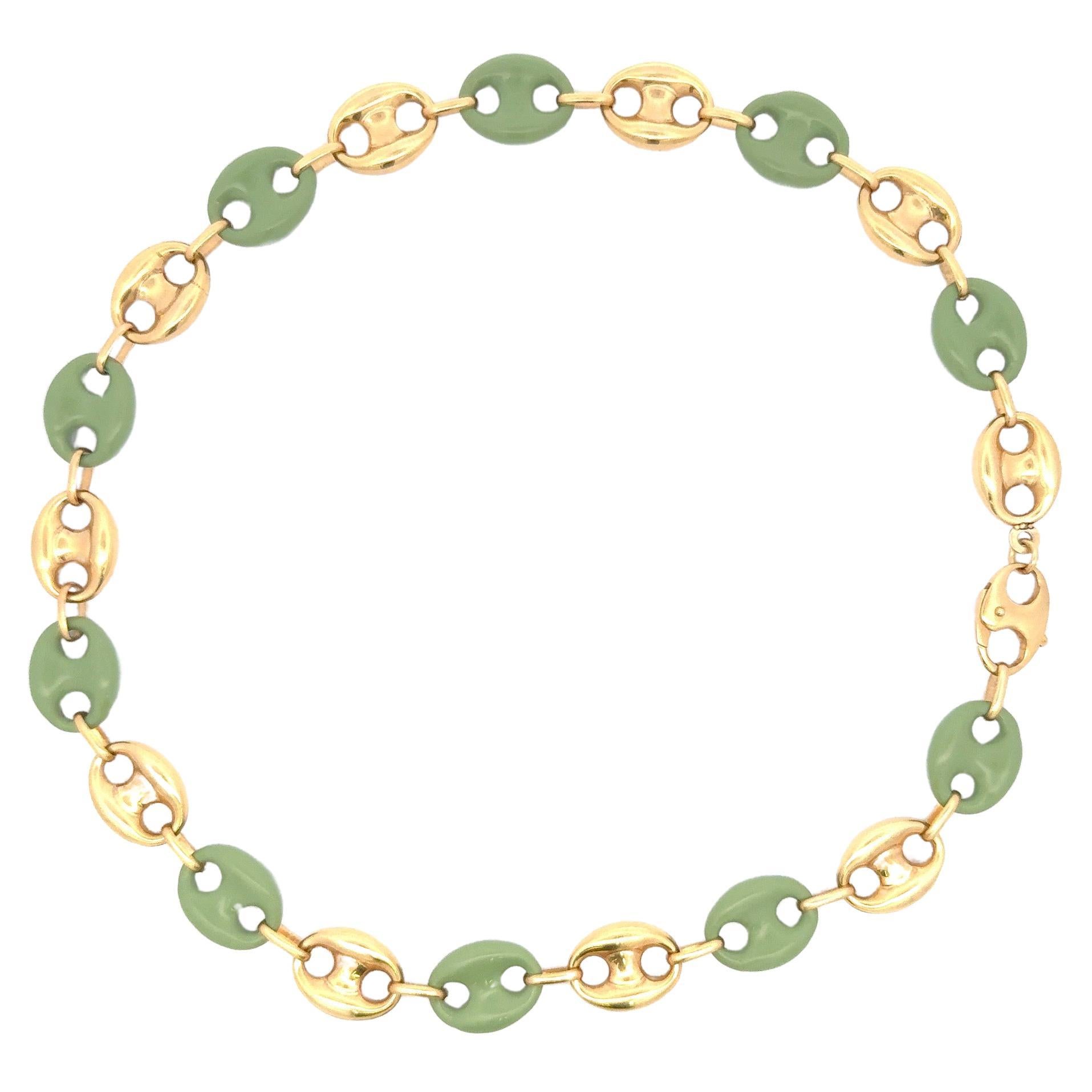 Contemporary Italian Alternating Mariner Link Jade Enamel & 14 Karat Yellow Gold Necklace  For Sale