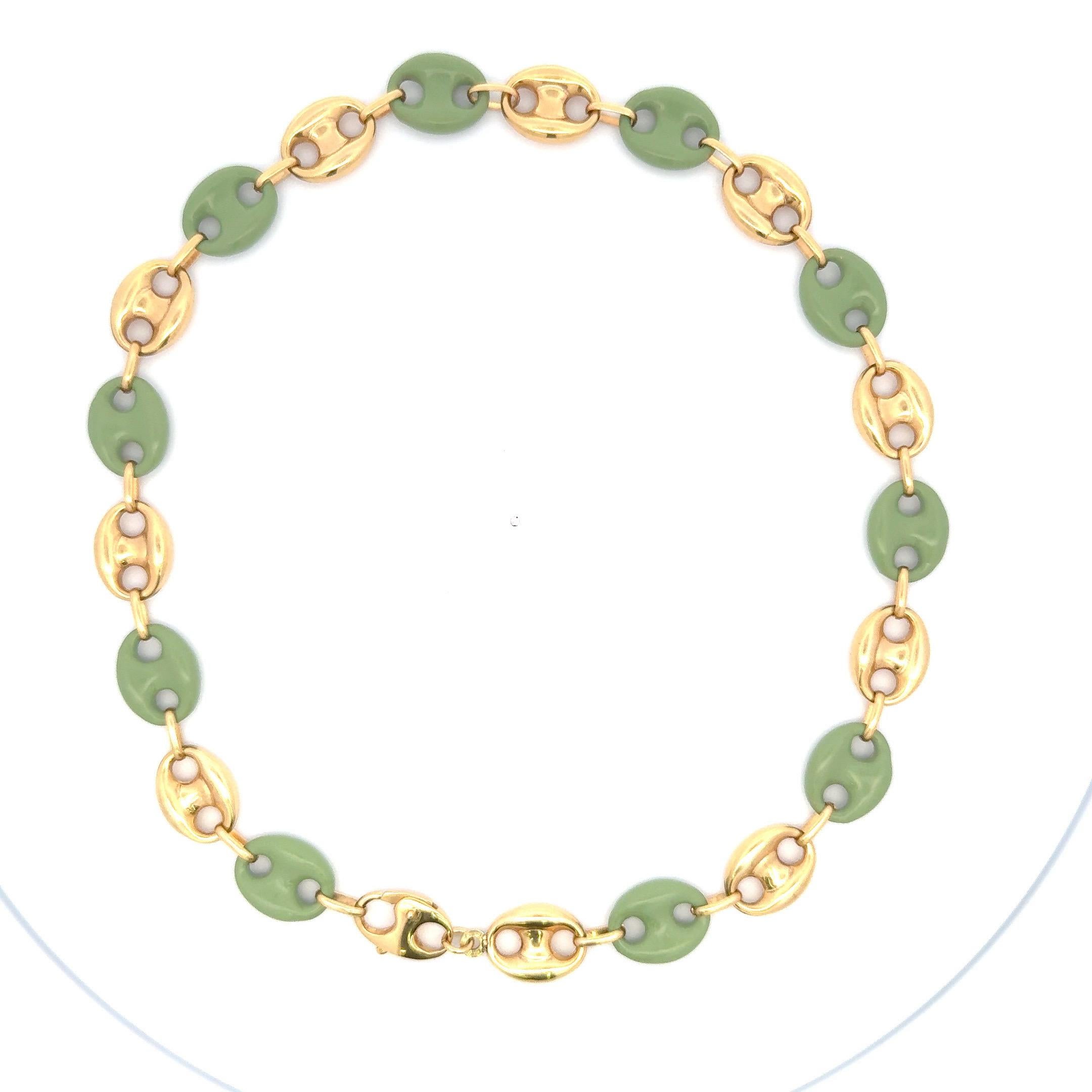 Italian Alternating Mariner Link Jade Enamel & 14 Karat Yellow Gold Necklace  In New Condition For Sale In New York, NY